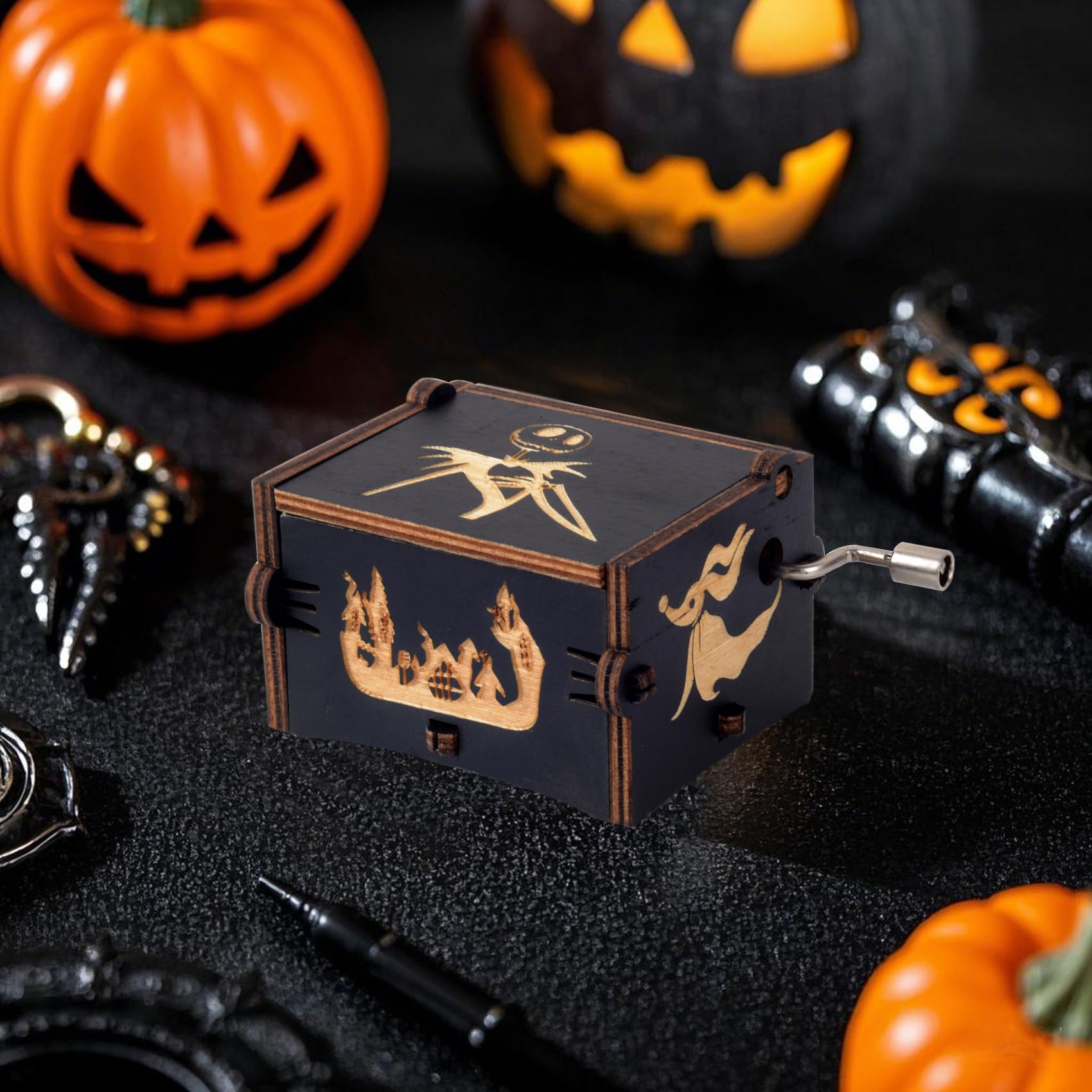 Bonita caja de música de madera con manivela, regalo de melodía de Halloween para Halloween, Navidad, día de San Valentín, cumpleaños, decoración del hogar, color negro