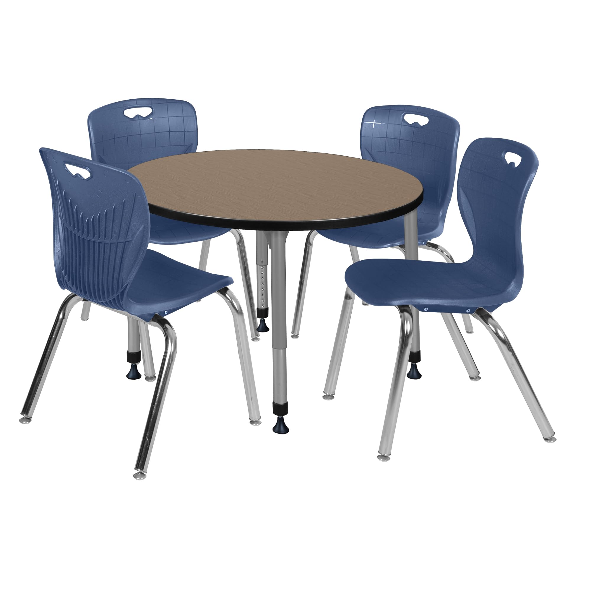 Regency Kee 36 in. Round Adjustable Classroom Table- Noble Oak Top, Grey Base & 4 Andy 18 in. Blue Stack Chairs