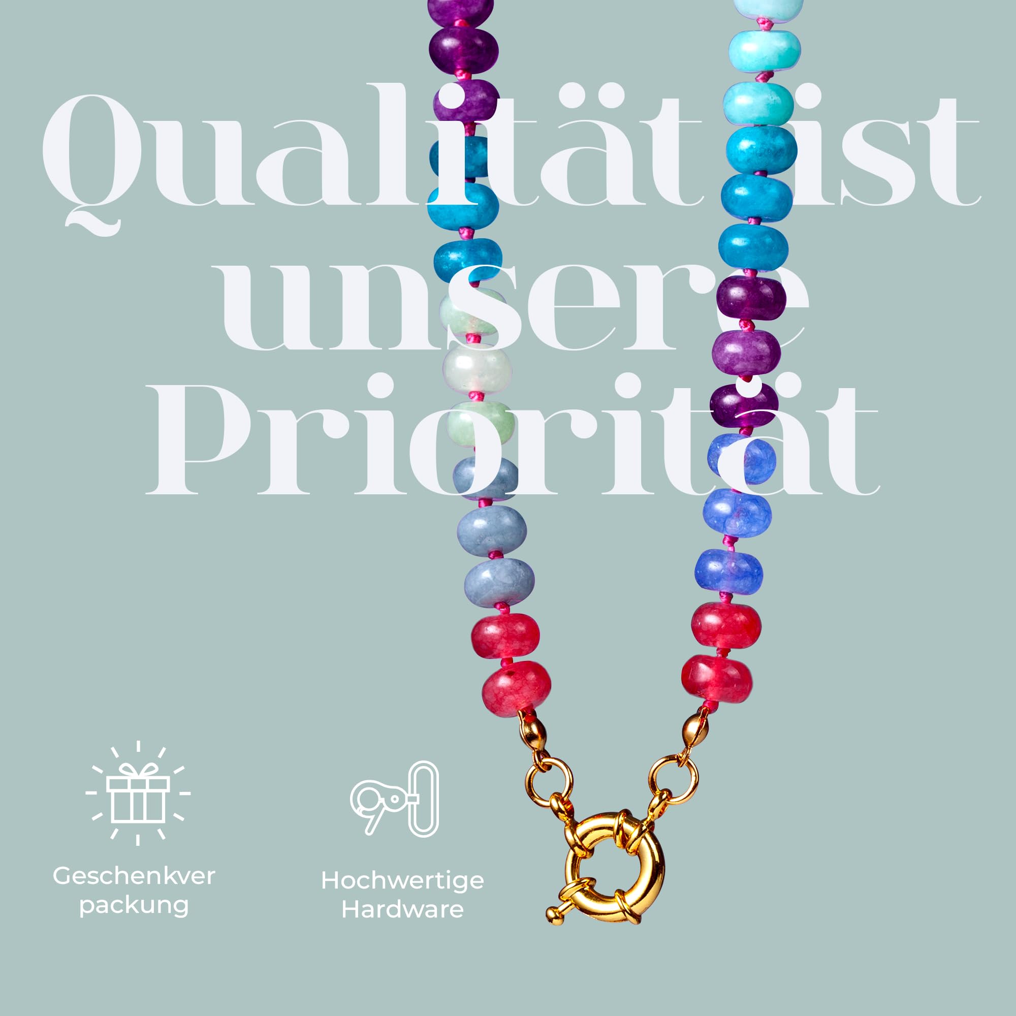 Collar con pulsera set para mujer, juego de joyas con gemas de colores, regalo para mujeres, cadena de perlas de piedras naturales auténticas hechas a mano, estilo boho, Kette 45cm