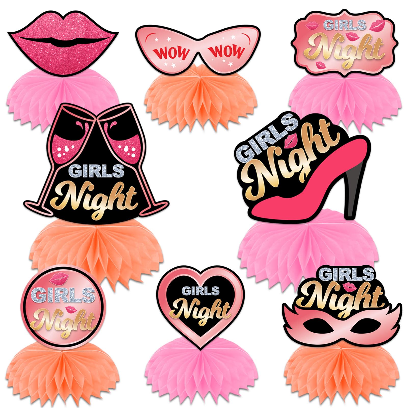 Girls Night Honeycomb Centerpieces Rose Gold Pink High Heels Champagne Lips Diamond Heart Theme Decor for Lady Girls Women Birthday Party Bridal Shower Bachelorette Night Out Hen Party Decorations