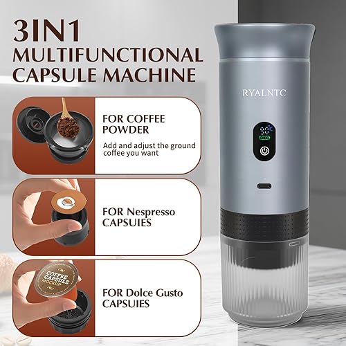 Miniatura 5 de Máquina de café espresso portátil 3 en 1 para viajes y campamentos, cafetera portátil de 20 bares con pantalla LED USB-C, cafetera para automóvil,