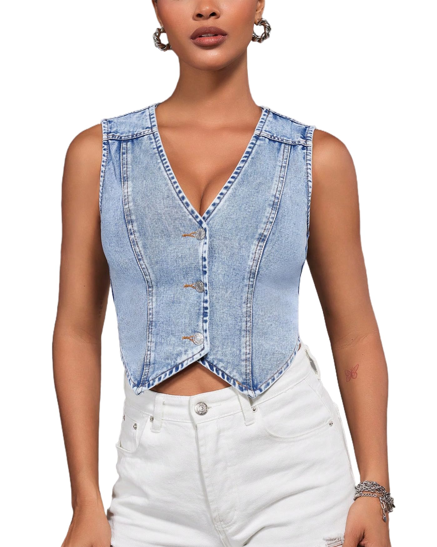 Womens V Neck Asymmetrical Hem Sleeveless Button Front Crop Denim Vest