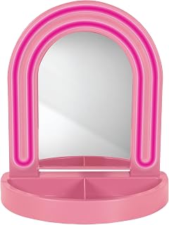 LED Vanity Mirror with Tray, for Desk, Dressing Table, Light Up Mirror for Makeup, Dorm Desk Vanity Mirror with Lights, Pink