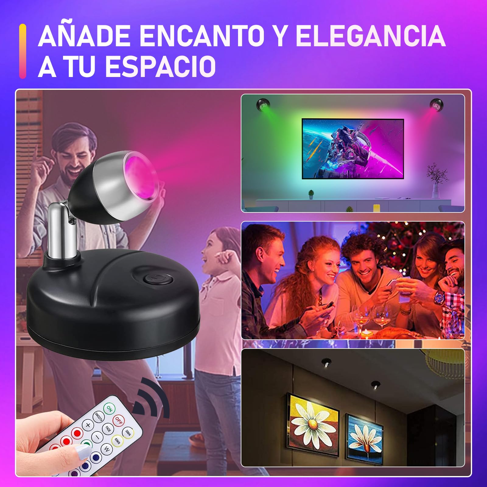 Klarlight RGB Mini Foco Led Interior con Mando a Distancia Focos LED Inalámbrico a Pilas Spotlight de Pared 13 Colores Luz Iluminación para Gabinete Pintura Arte Dardos Party, 2-Pack Negro
