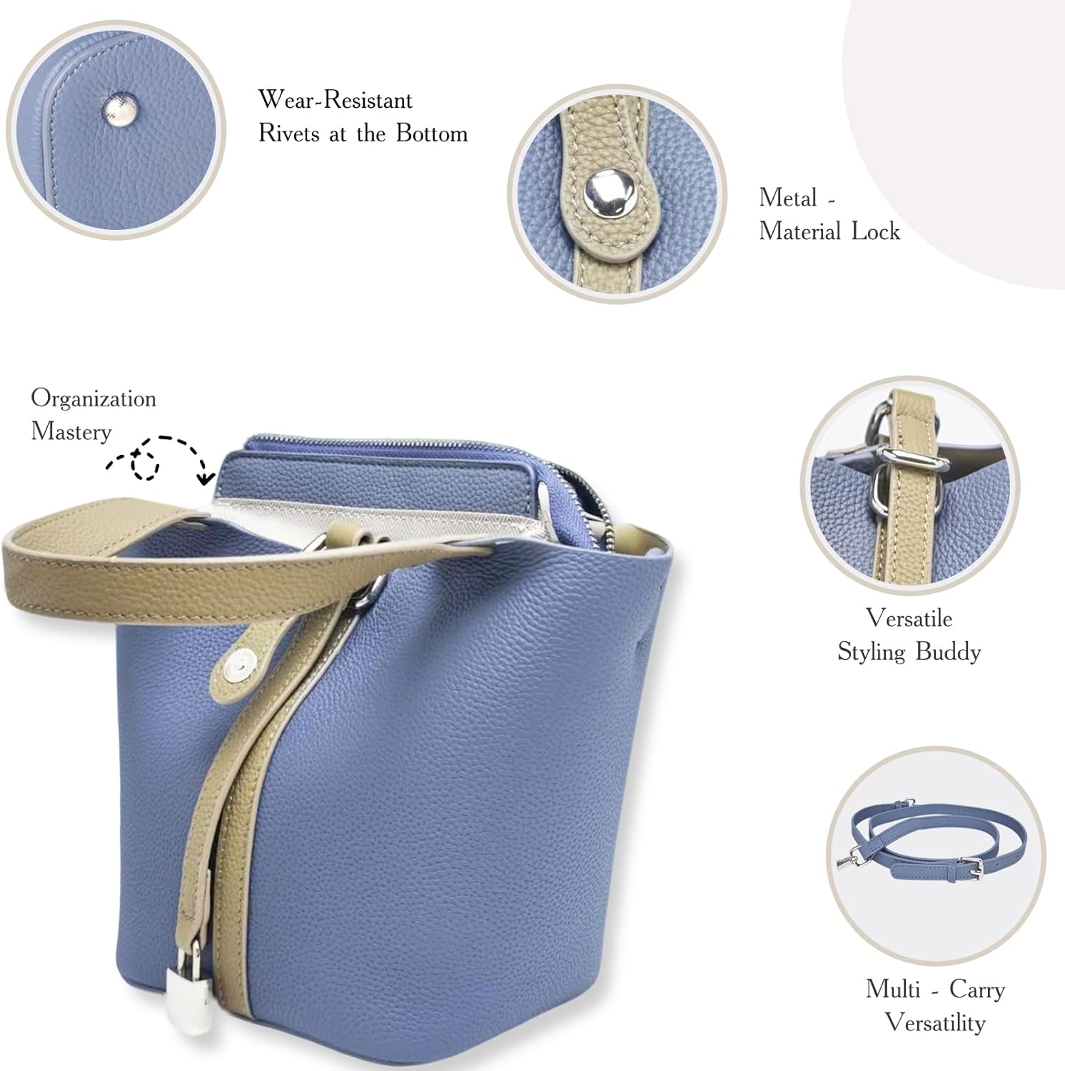 Genuine Leather Bucket Bags for Women,Vegetable Basket Crossbody Women's Shoulder Handbags with Zipper Closed - Image 5