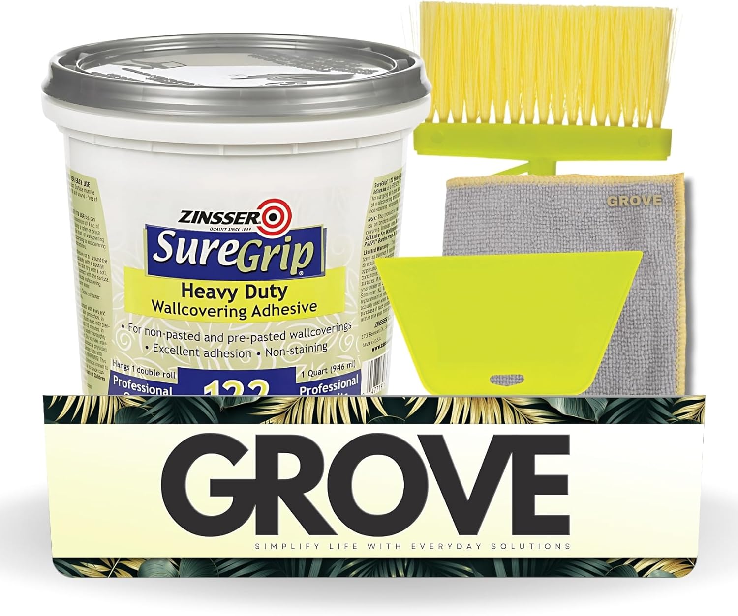 Zinsser SureGrip High Strength Clear Wallcovering Adhesive 1 qt Bundle with Microfiber Cloth + Paste Brush + Smoothing Tool – Strong Adhesion for Vinyl Wallpaper and Easy Positioning – (4 Items)