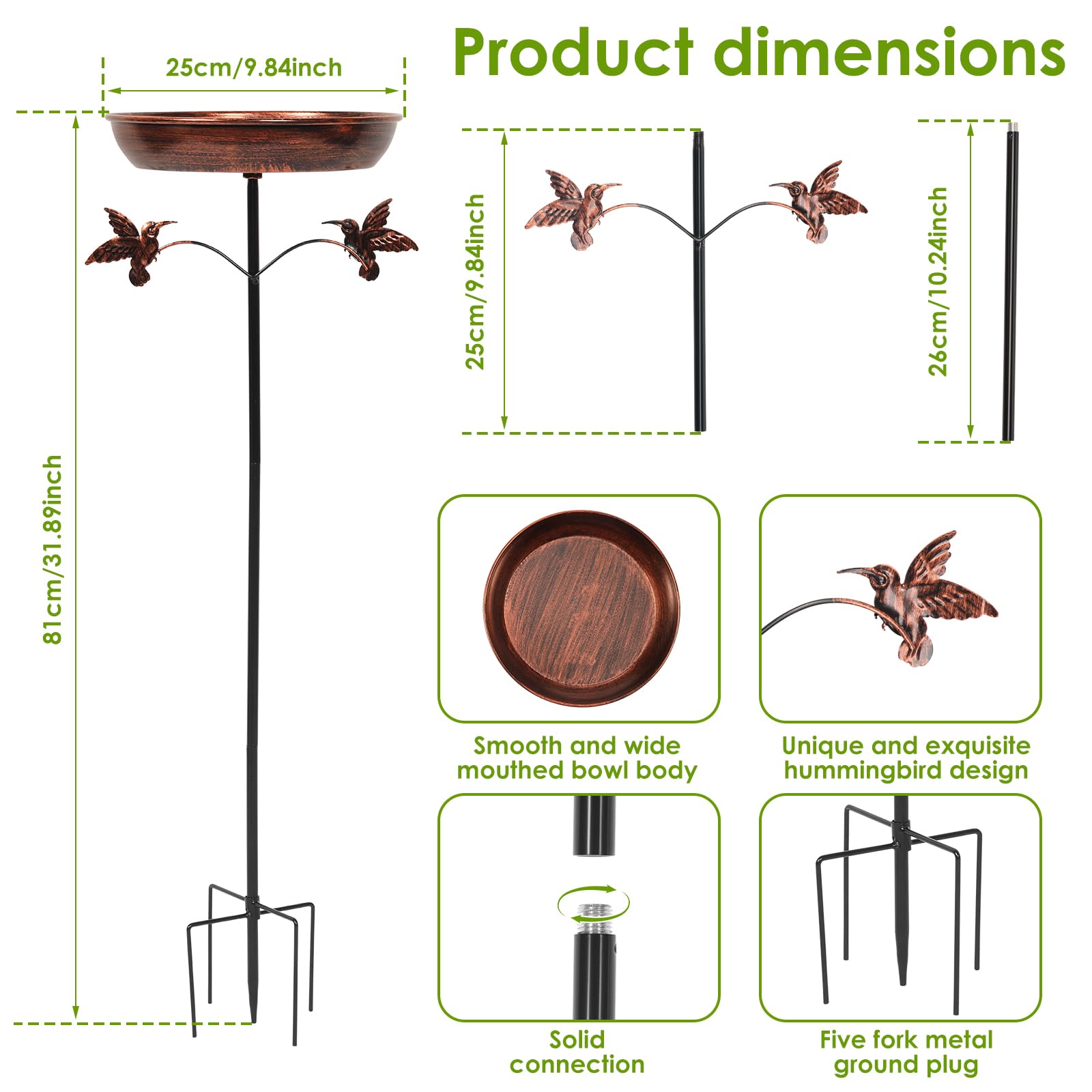Bebedero de metal para pájaros de pie, para exterior, jardín, vintage, con base estable de 5 puntas, bebedero de agua para pájaros, aves silvestres, bebedero antiguo para jardín, patio trasero