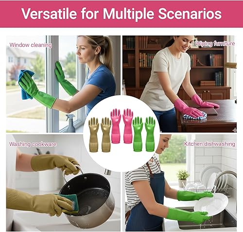 Miniatura 3 de 1 par de guantes de limpieza de goma para el hogar, guantes largos para lavar platos con agarre antideslizante para cocina, baño
