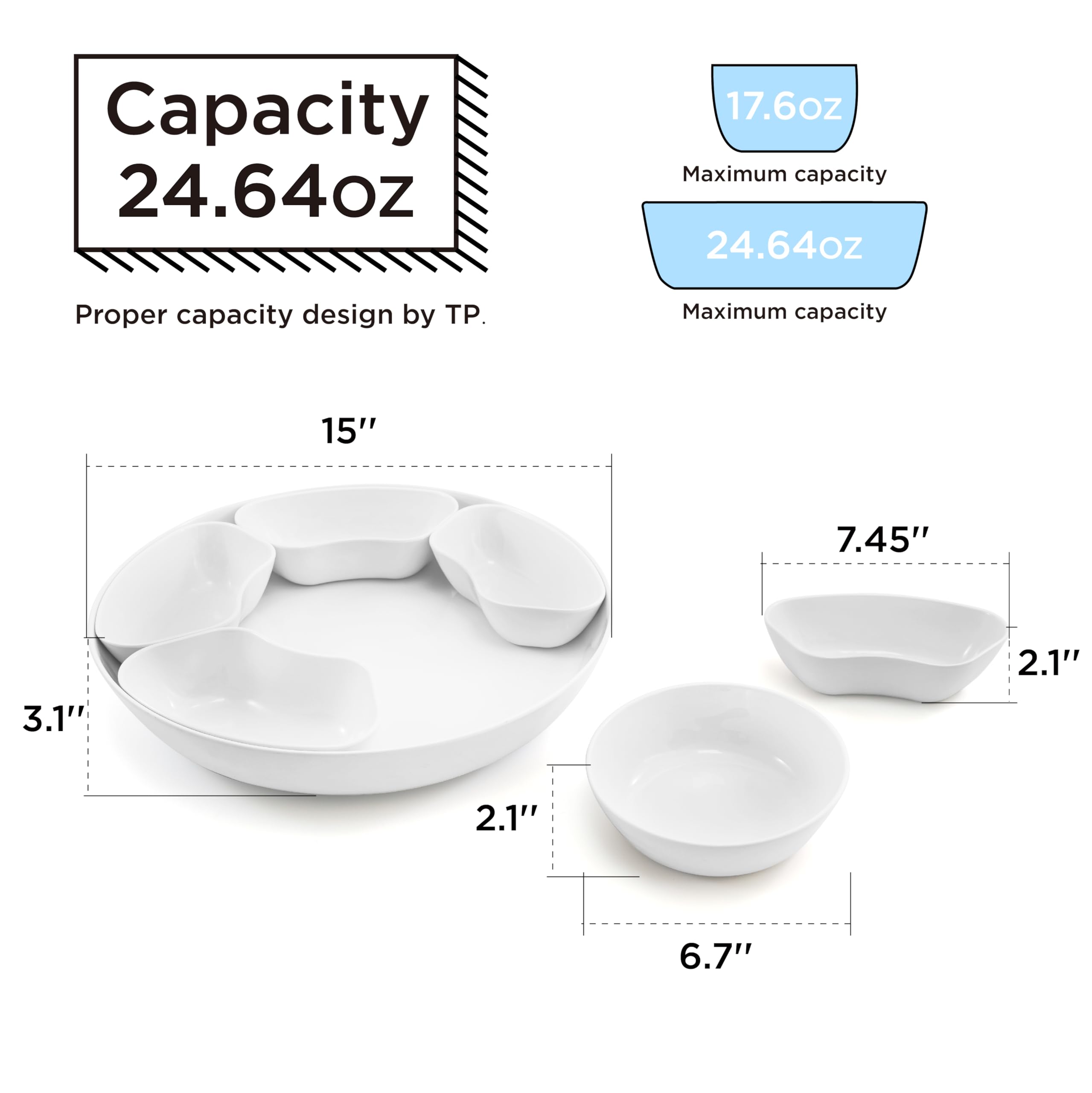 TP 15'' Taco Serving Platter, Melamine Serving Tray & Bowls, for Taco Tuesday Lazy Susan Taco Bar Kit, Chip, Dip, Snacks Serving Set for Party and Fiesta, White