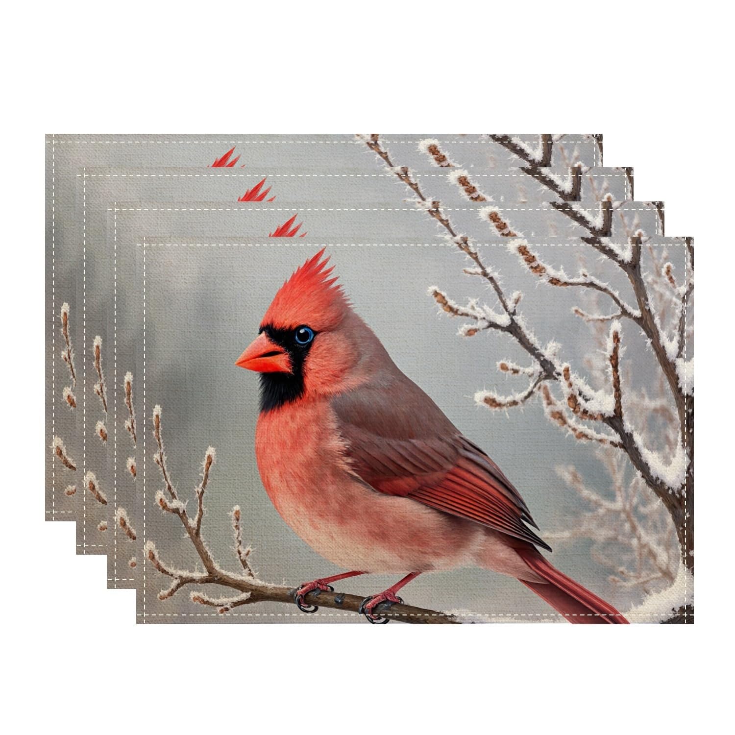 Cardinal Bird Placemats, Rustic Winter Nature Place Mats for Dining Table, Holiday Non-Slip Washable Indoor Outdoor Kitchen Party Decorative Placemat Set of 4
