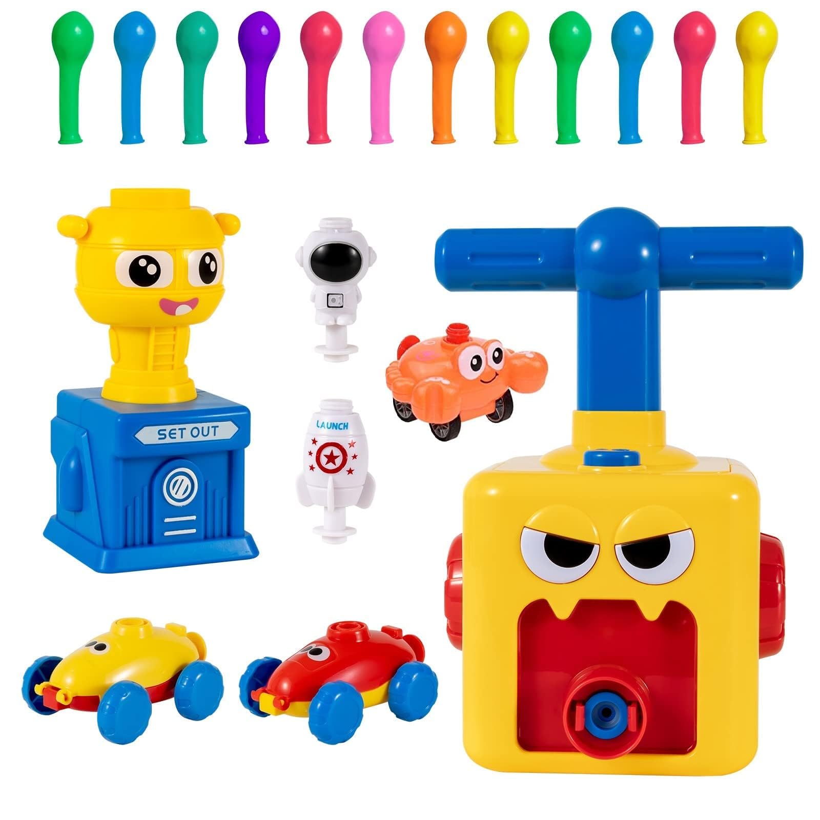 TODKISS Balloon Launcher Toy Set, Balloon Pump Rocket Launcher with 20 Balloons and 2 Balloon Powered Car Toys, Spaceship Toy, Astronaut Figure, Crab Race Car Toy for Kids 3+ Birthday Gifts (Bird)