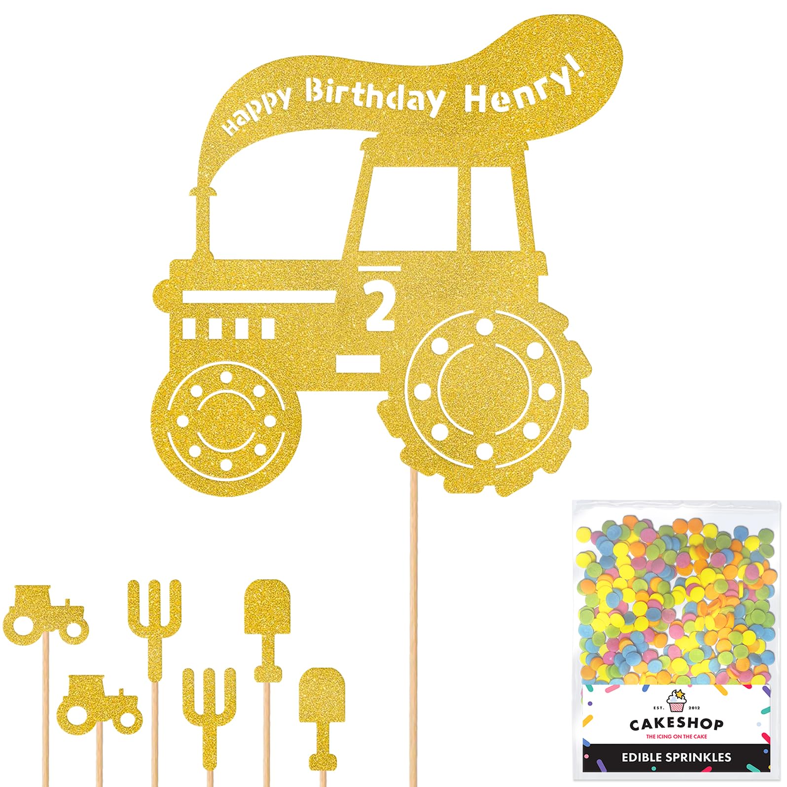 Personalised Farm Tractor Glitter Cake Topper- Gold Any Custom Age & Name Glitter Cake Decoration and Sprinkles - Happy Birthday Decorations - Personalised Toppers for Cakes by Cakeshop โ image 1