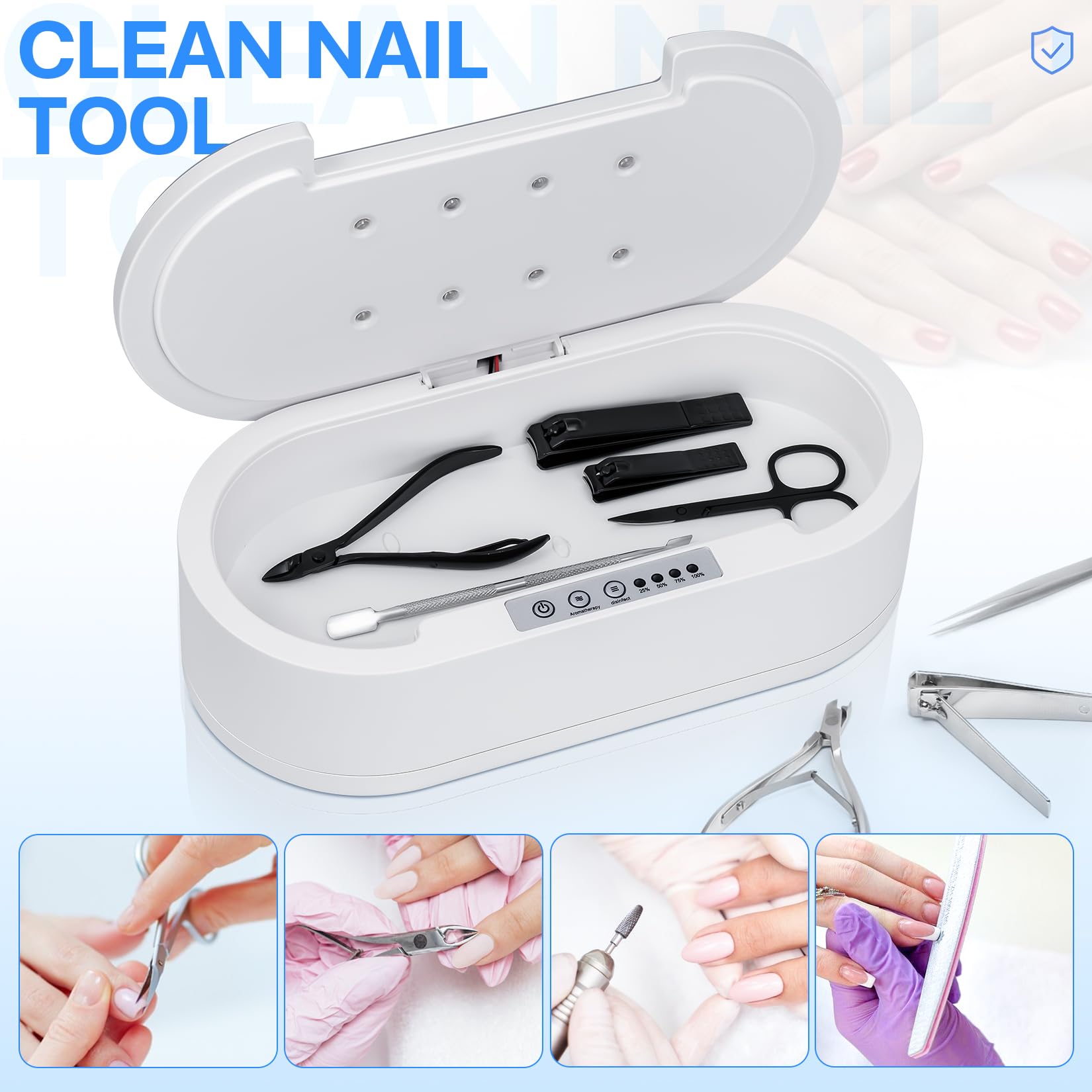 Esterilizador de herramientas de uñas, multifunción con luz azul, caja esterilizadora de limpieza de aromaterapia para joyas, gafas, teléfono, manicura de uñas, herramientas de maquillaje 3