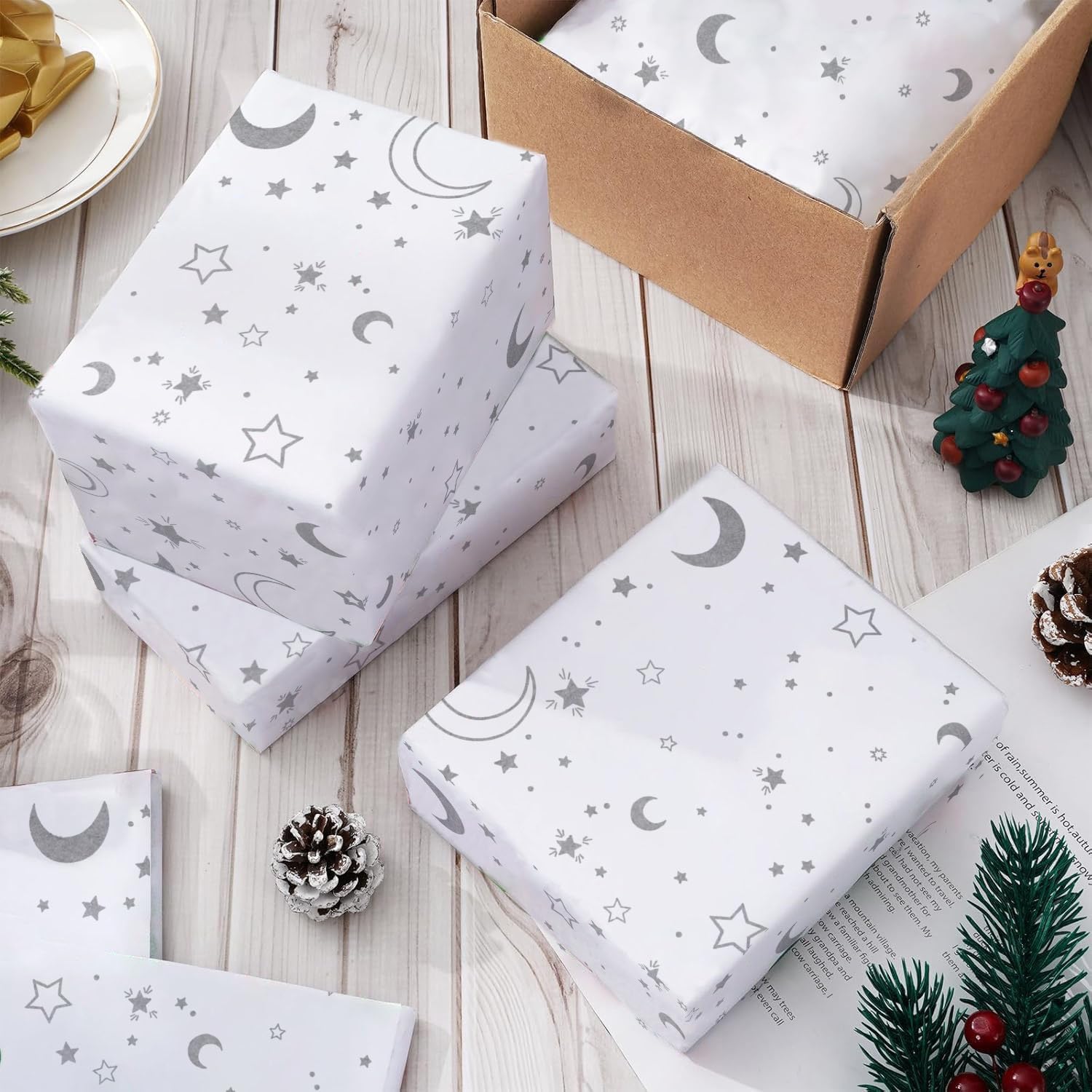 Jwssor 20 Fogli Di Carta Velina Per Regali 50x35 Cm - Bianco Con Stelle E Luna - Per Confezioni Regalo, Fiori E Fai Da Te