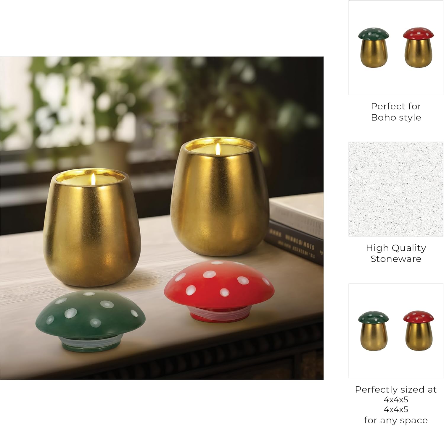 Sagebrook Home Set of 2 Mushroom Candle Holders with Scented Wax - Ceramic Stoneware - Boho Glam Decorative Accent for Home, Office, Bedroom, Living Room - 5" Gold
