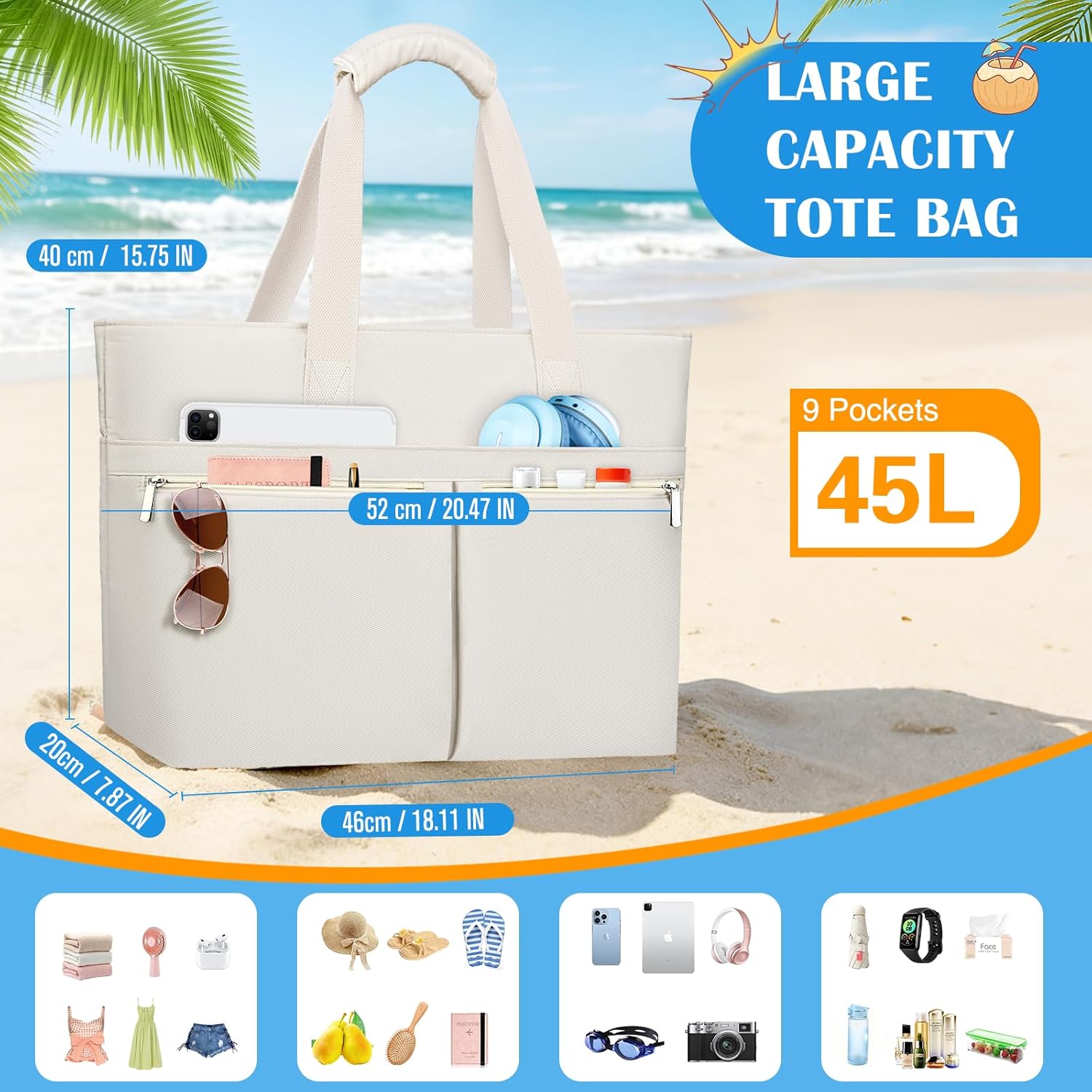 HUANLANG Large Beach Bags for Women Pool Bag with Zipper, Waterproof Sandproof Beach Tote Travel Bag with Wet Pocket | Waterproof, Large capacity, Dry/wet separation, Durable fabric, Cooling function, sandproof