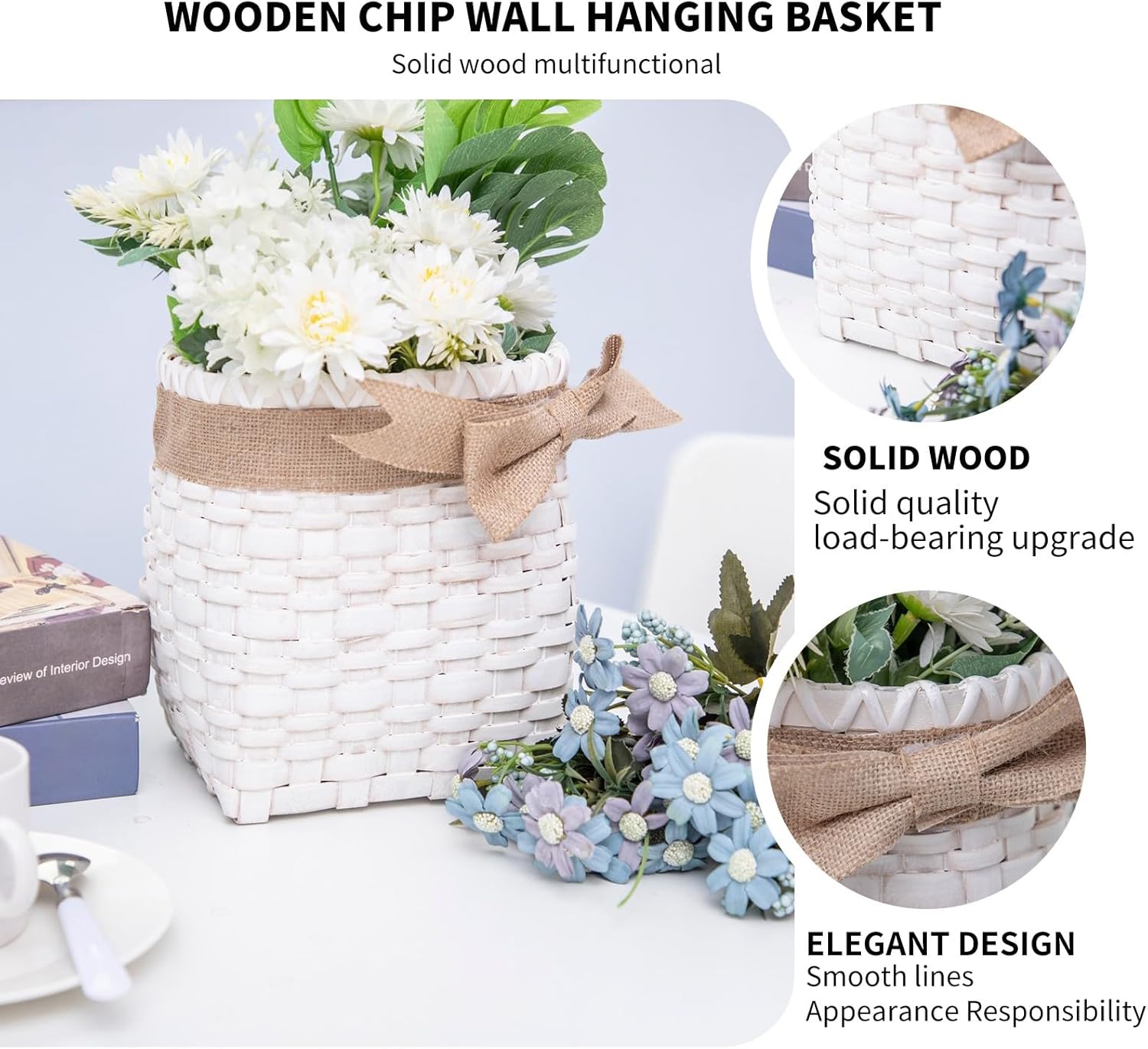 Wall Hanging Basket White Flower Basket Handmade Decorative for Front Door Farmhouse and Garden Water Hyacinth Pocket Basket 9 x 7 x 9 Inches.