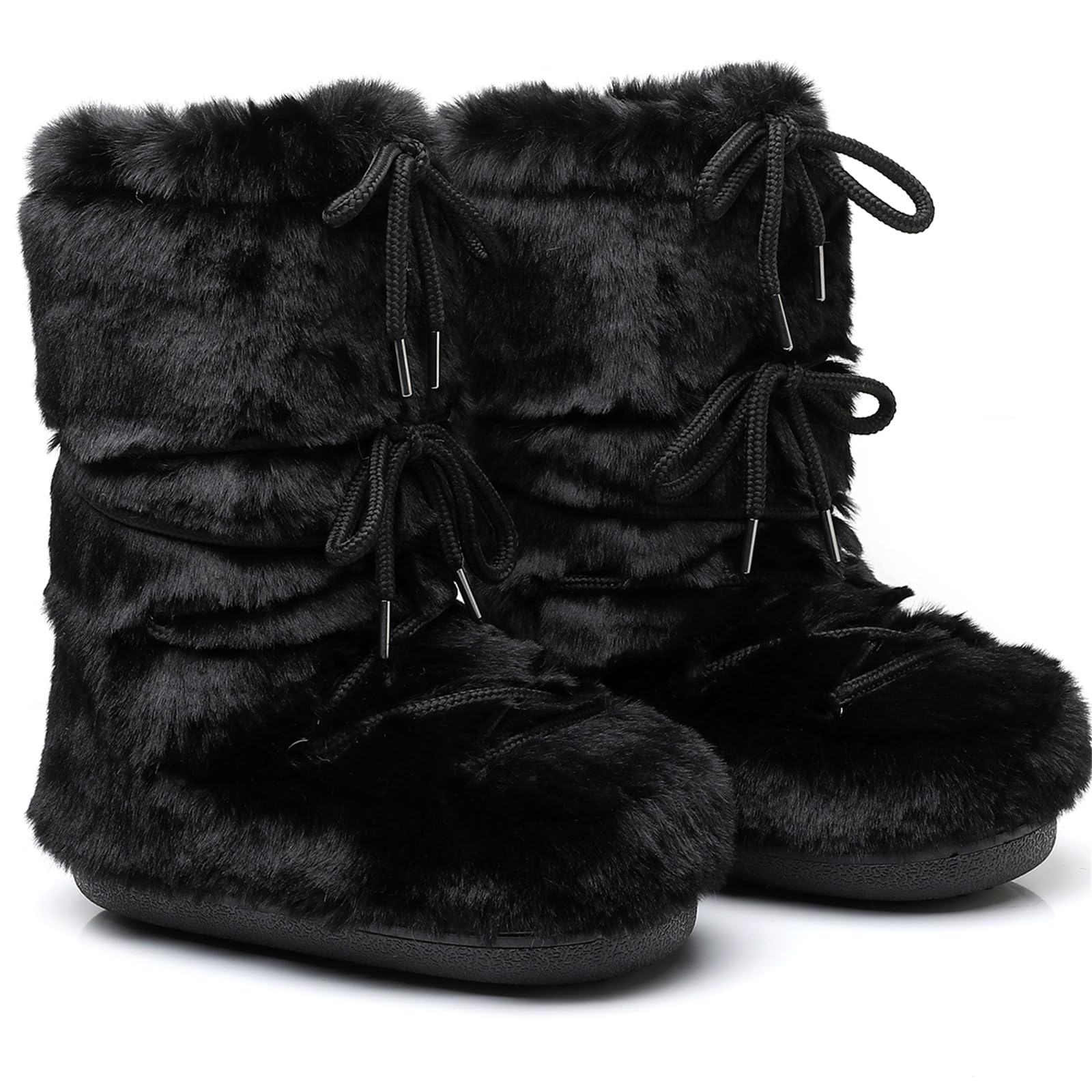 Winter Boots for Women Furry Fuzzy Fluffy Faux Fur Snow Boots with Fur Lined Non-Slip Outsole Black White