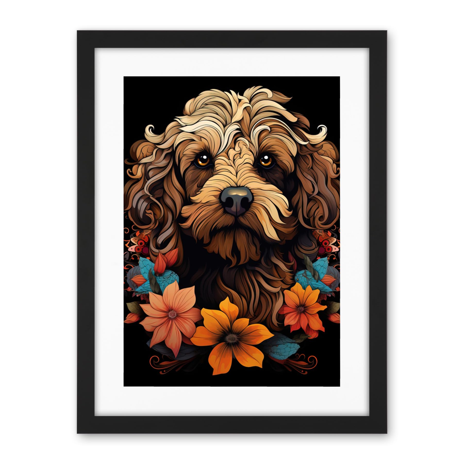 Artery8 Cockapoo Dog with Flowers Artwork Orange Brown Blue Floral Art Nouveau Portrait on Black Artwork Framed Wall Art Print 18X24 Inch