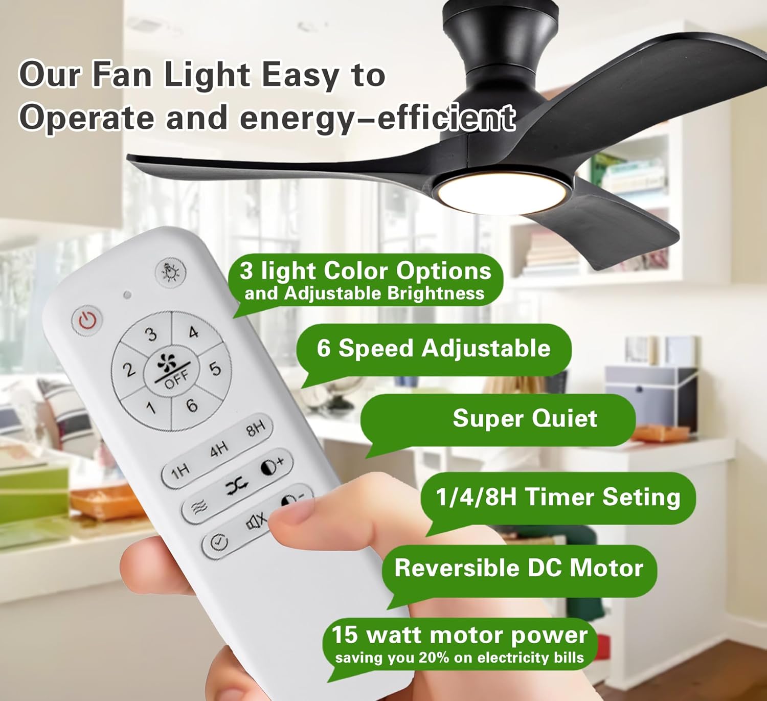 36 Inch Black Ceiling Fans with Lights, Flush Mount Ceiling Fan with Light, Modern Smart Wood Fan Light, 6-Speed Remote Control, Quiet Reversible Motor, Fans for Bedroom Study Room and Garage