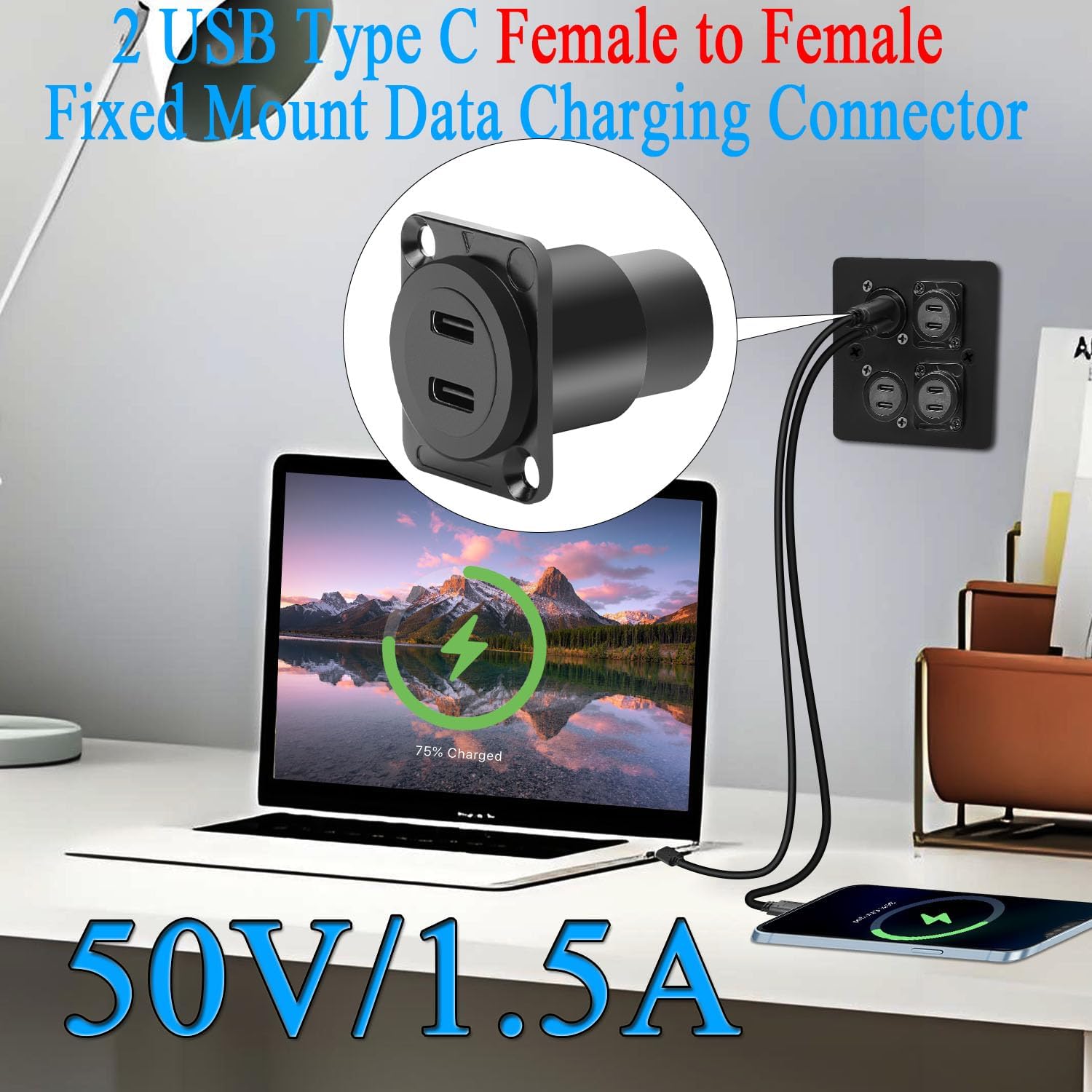 QIANRENON Dual USB C 3.1 Panel Mount Adapter - 10Gbps Female to Female Data Charging Connector, Feedthrough Bulkhead Mount Socket for D Type/XLR Panel
