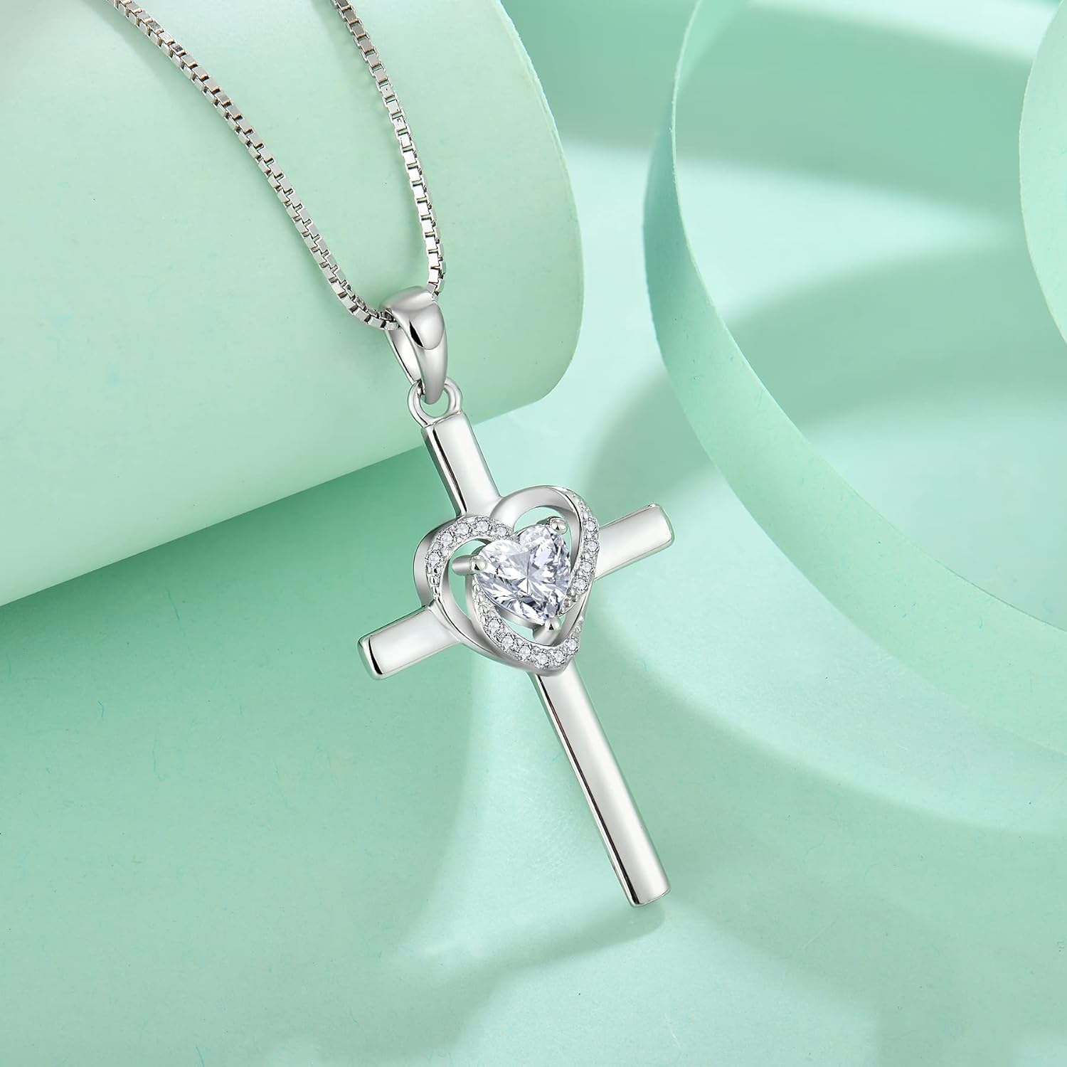 Cross Necklace for Women 925 Sterling Silver Heart Cross Necklace Birthstone Created Gemstone Pendant Jewelry Gifts for Women - Image 4