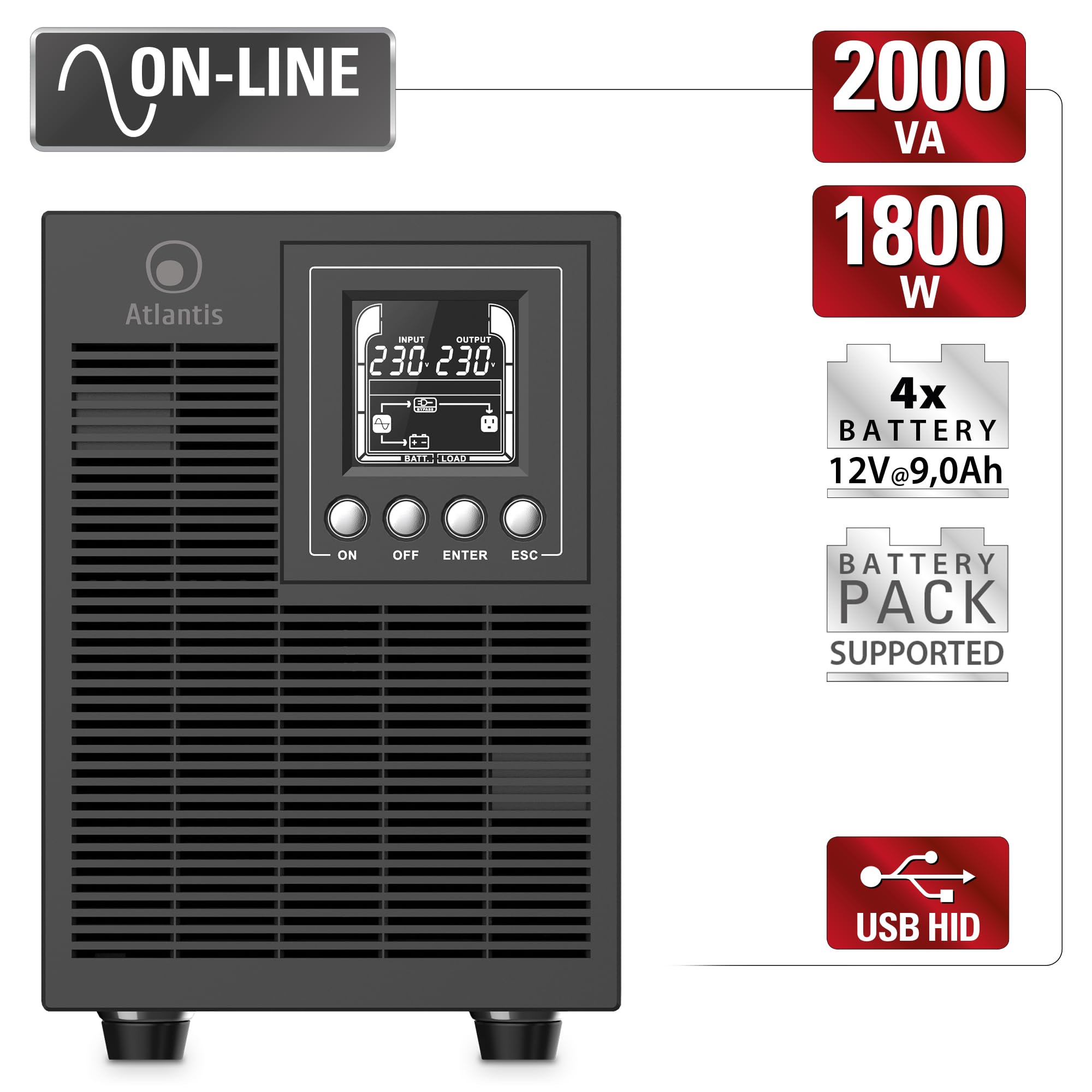 Atlantis A03-OP2002P Pro Onduleur (UPS) Online Double Conversion et Pure sinusoïde avec Une Puissance de 2000VA 1800W, Tour, écran LCD, USB, RS-232 série, 4 Sorties IEC, Slot SNMP, 4x12V-9Ah