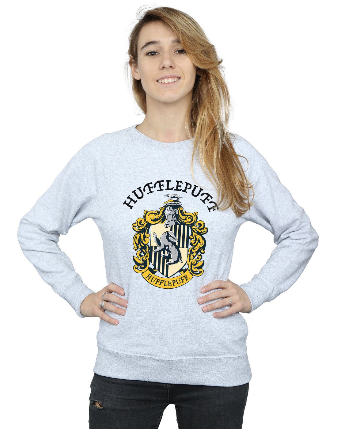 Absolute Cult Women's Heather Grey Harry Potter Hufflepuff Crest Sweatshirt Medium