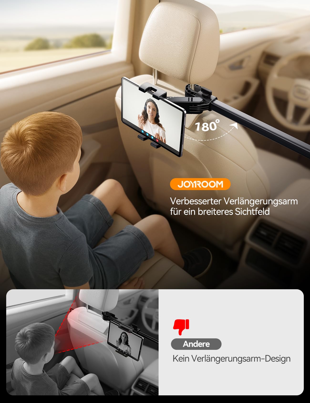 JOYROOM Tablet Halterung Auto Kopfstütze [Bilaterale Fixierung] Tablethalterungen Auto mit Metallarm, iPad Halterung Auto Mitte für 4,7–12,9" iPad, Tablets & Smartphones/Mit 2 Haken