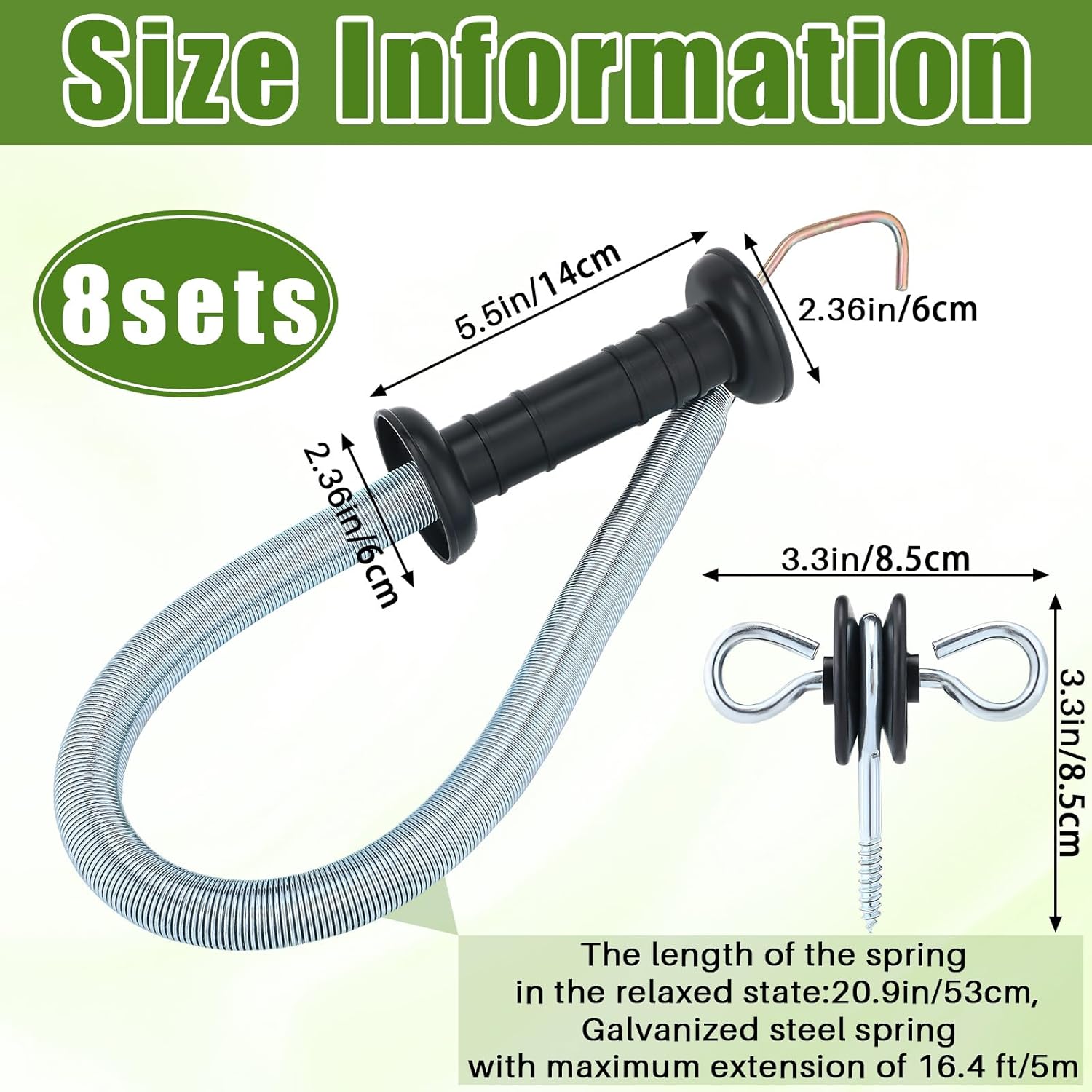 Hicarer 4 Set Electric Fence Spring Gate Handles Kit, Fence Handles with Spring, Corner End Screw-in Ring Insulators, 16 Feet Retractable Electric Gate, Black