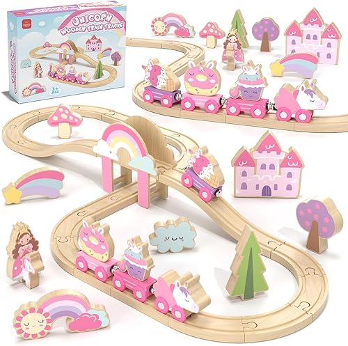 Lehoo Castle Juego de tren de madera, juego de tren para niños pequeños de 2 a 4 años, pista de tren de madera para niñas, juguetes de unicornio