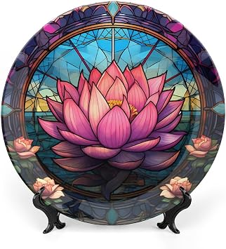 Decorative Plates, Stained Glass Design Water Lily Ceramic Dinner Plate Home Wobble-Plate with Display Stand, Wall Hanging Decor for Dining Room Kitchen Household 6 Inch, Gifts for Lotus Lover