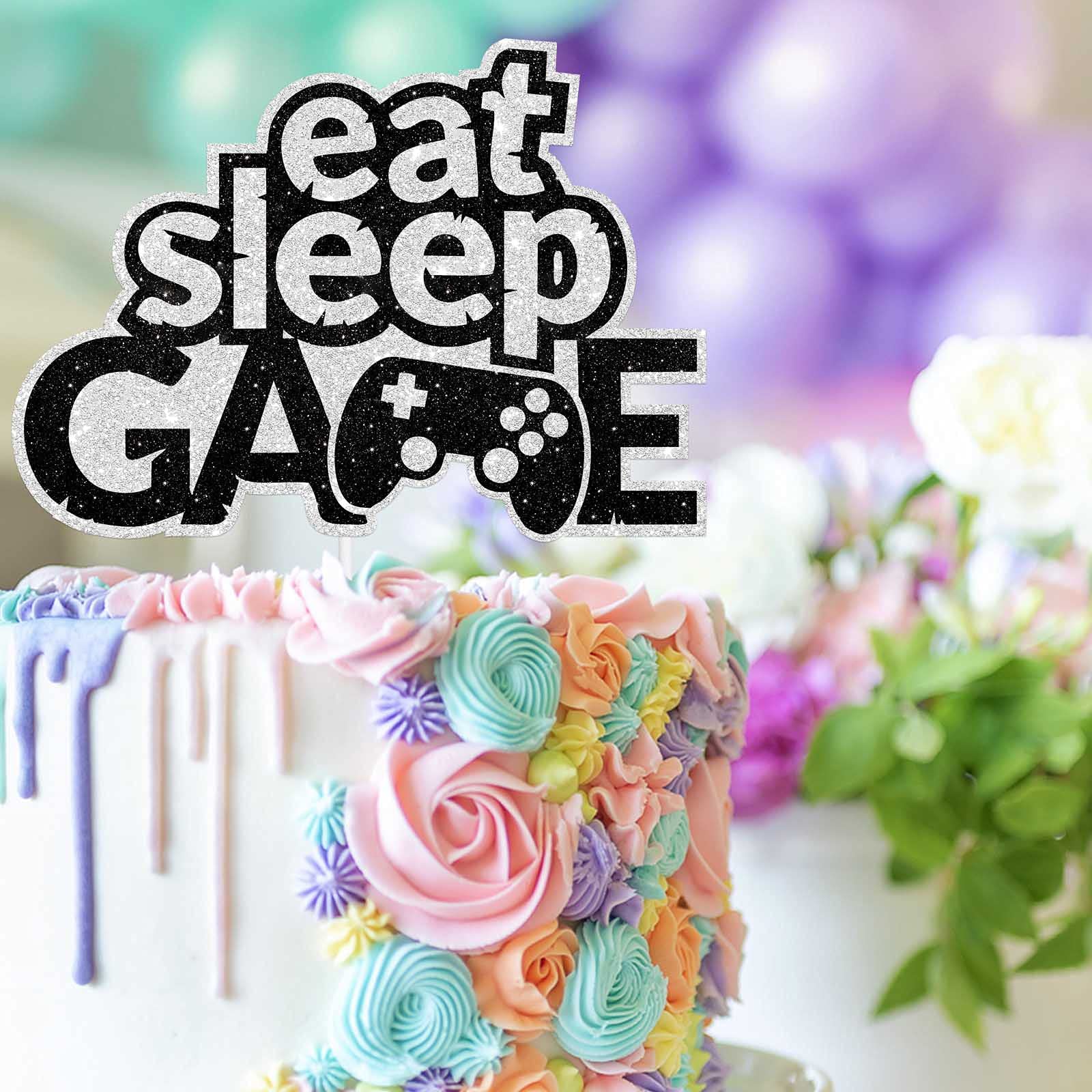 Festiko®Eat Sleep Video Game Controllers Cake Topper White Black Young Lazy People Theme Decorations Boys Girls Happy Birthday Party Decor Supplies 2