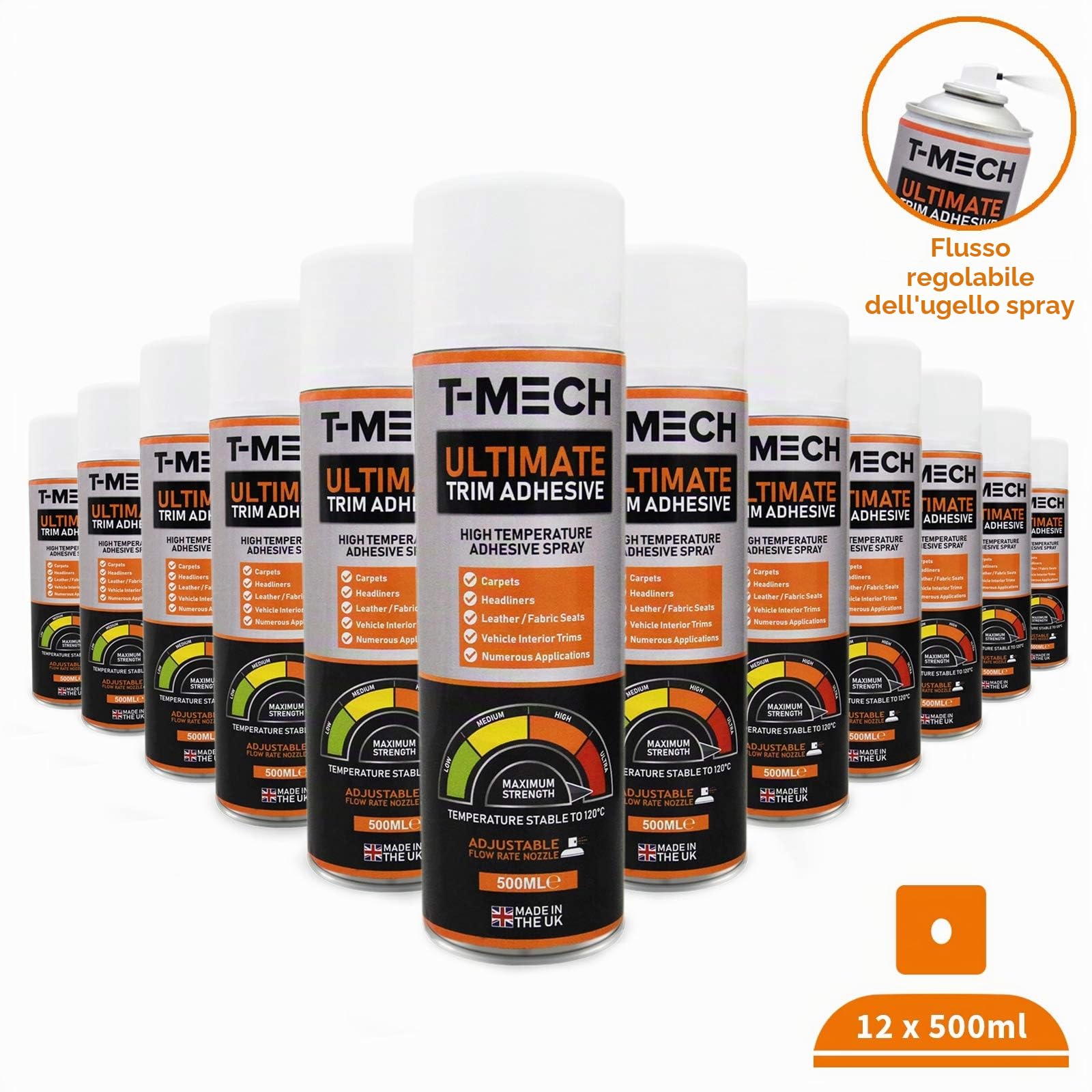 T-Mech - 12 x Adesivo Colla Spray Multiuso per Industria Automobilistica Tappetti Tappezzerie Moquette Tessuti Resistente al Calore 120 ° C 12 x Bombolette da 500ml
