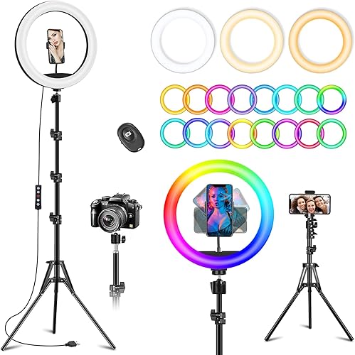 Anillo de luz de 10.3 pulgadas con trípode y soporte para teléfono, anillo de luz para selfie con 51 modos de color, iluminación circular para