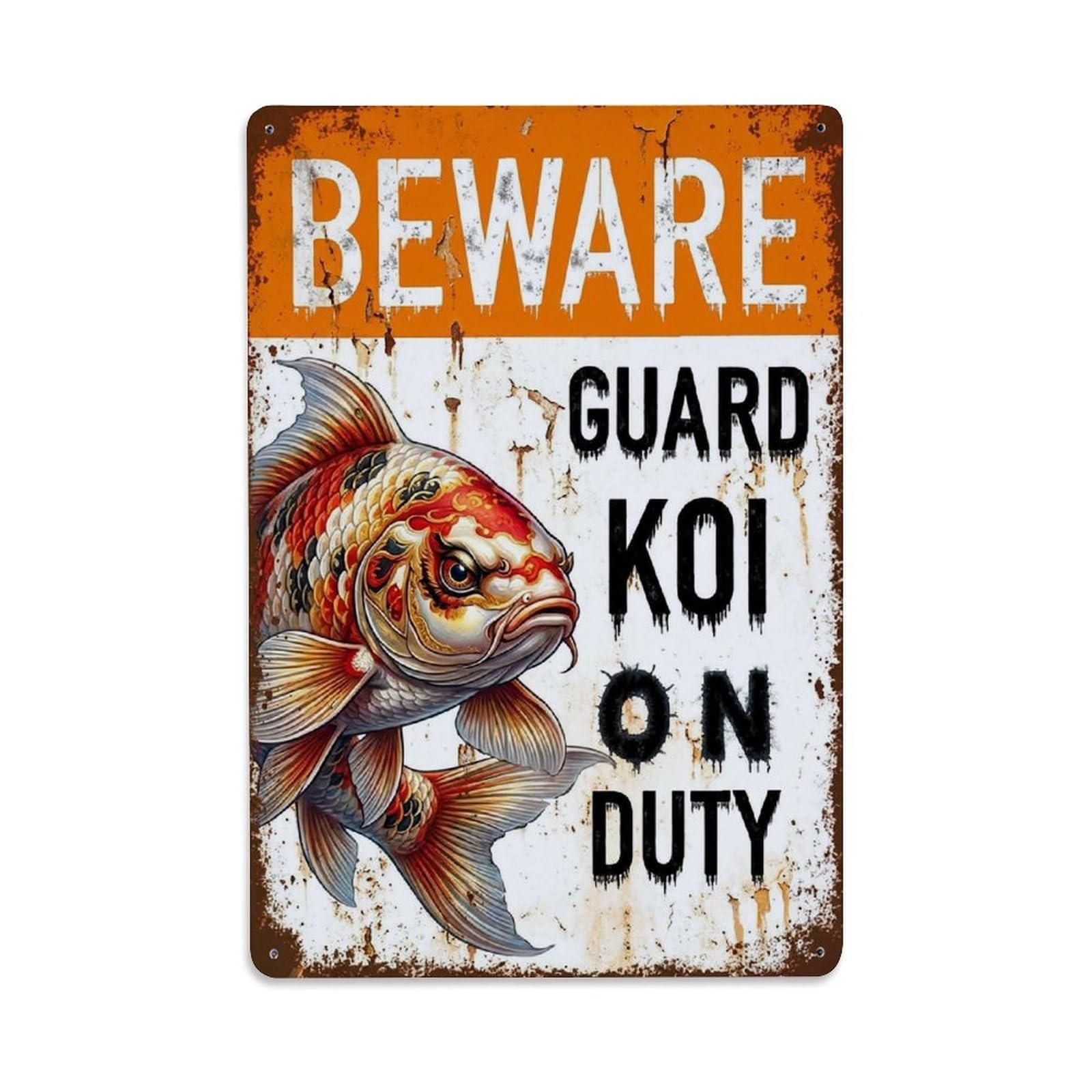 Vintage Funny Koi Guard Beware of Fish Kennel Metal Tin Sign Plaque Wall Decor for Cafe, Club Bar, Office, Garden Metal Poster 8x12Inch