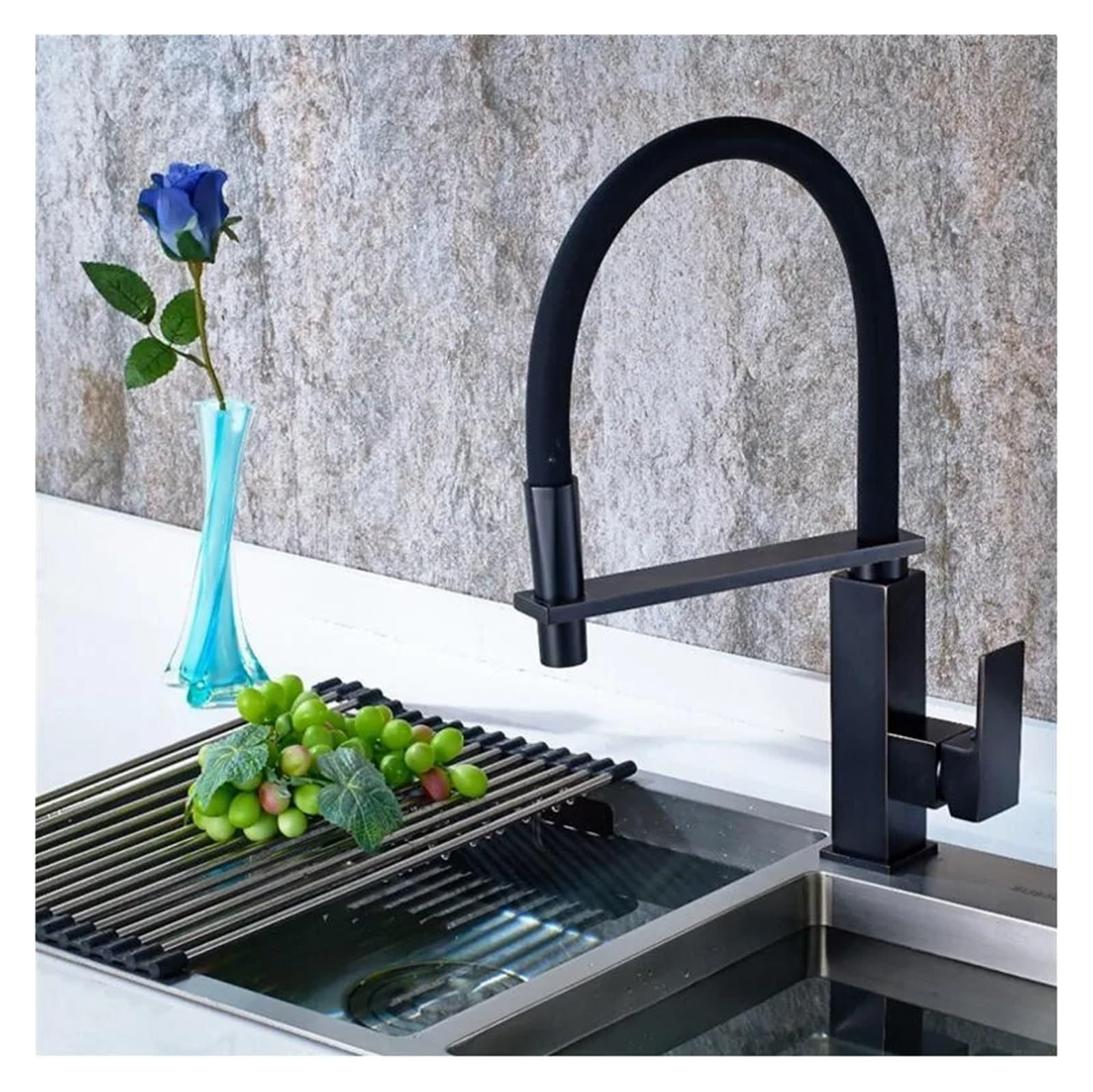 Grifo de Cocina extraíble Giratorio de 360 Grados, Grifo Mezclador de Cocina con Acabado Negro, Grifo Mezclador con manija Decorativa