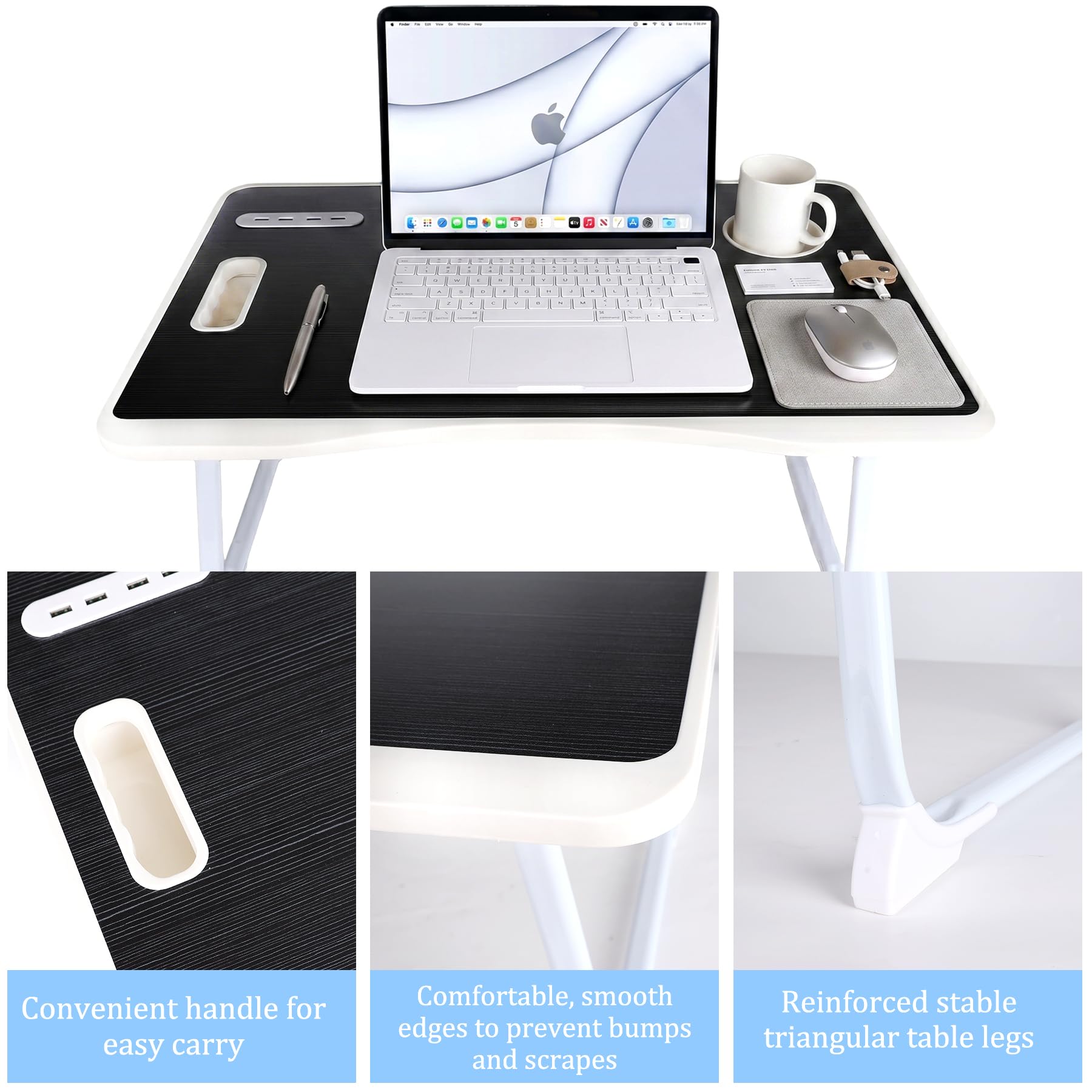 Mesa de cama para laptop, mesa de cama plegable portátil con puertos USB, cajón lateral, tarjeta de escritorio y asa, bandeja portátil para comer, trabajar, estudiar y leer