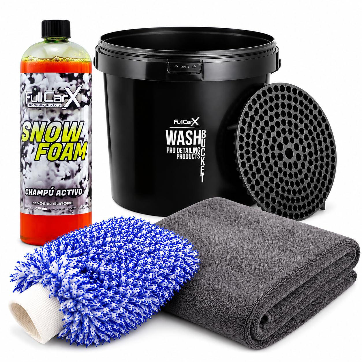 AutoFullCar Kit completo per lavaggio auto, shampoo a pH neutro, secchio con griglia, guanto in microfibra, asciugamano per asciugatura XXL, accessori per pulizia esterna