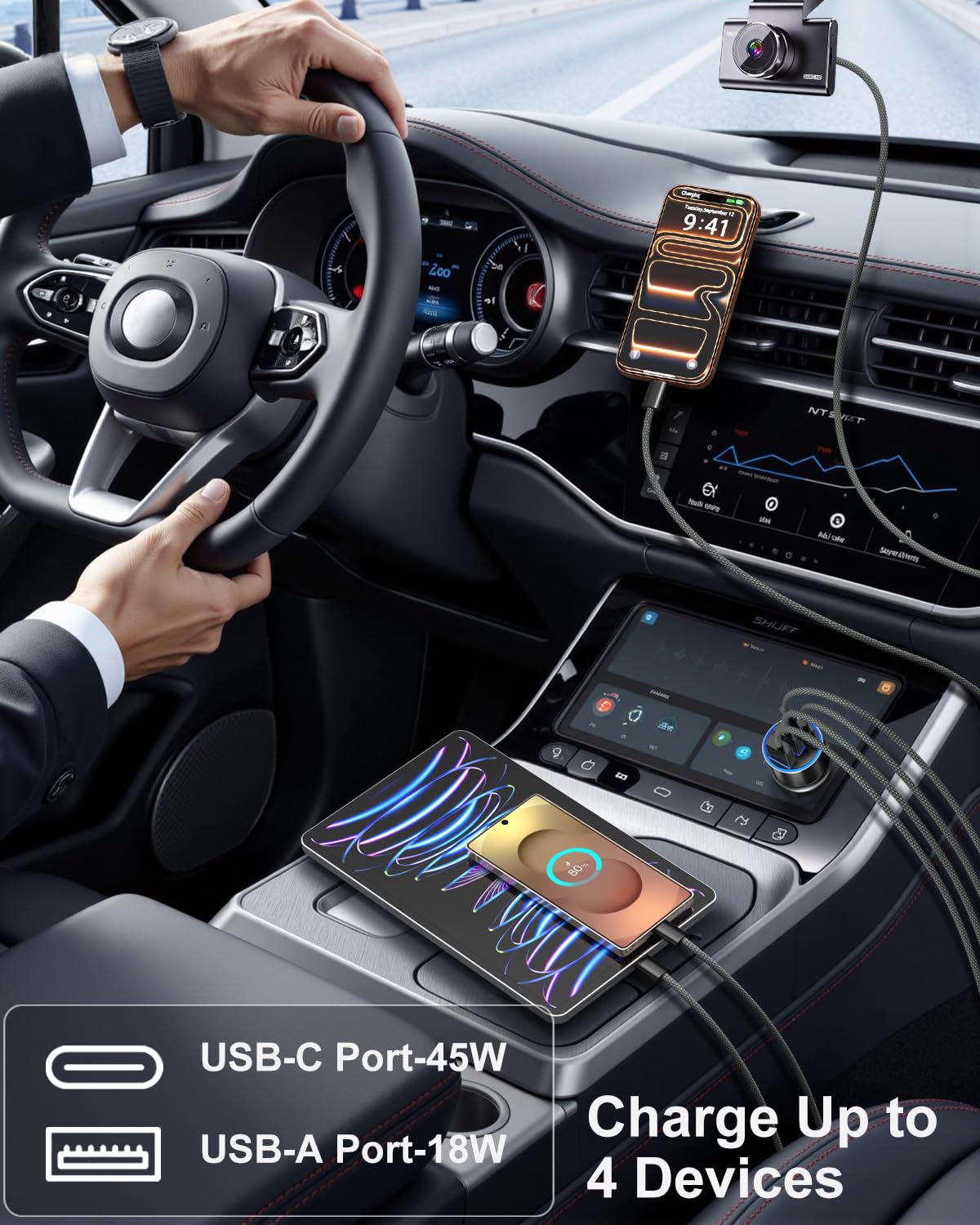Ładowarka samochodowa USB C, ulepszona ładowarka samochodowa 90 W, 4-portowa, podwójna 12 V, USB-C i USB-A, wieloportowa ładowarka do telefonu QC 3.0/PD45W, super szybkie ładowanie, adapter do