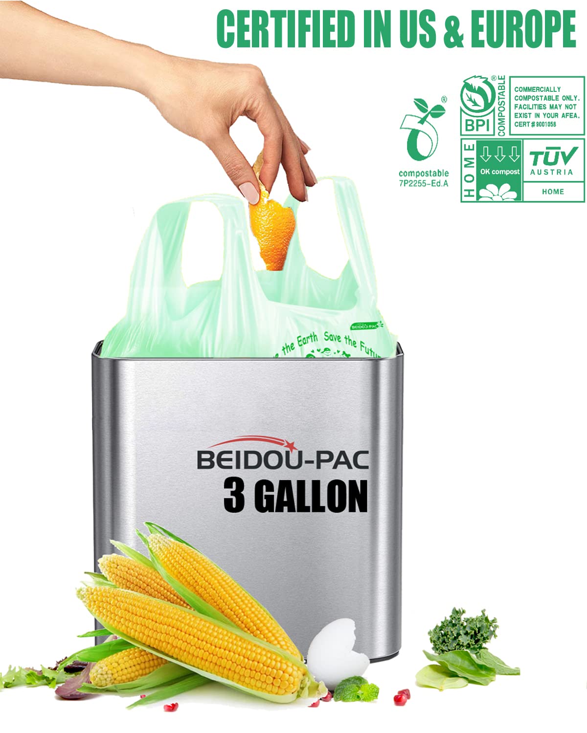 BEIDOU-PAC Bolsas de basura 100% compostables, bolsas de compostaje de 3 galones, bolsas de basura pequeñas de cocina con asa, 100 bolsas de basura biodegradables resistentes, bolsas de basura de