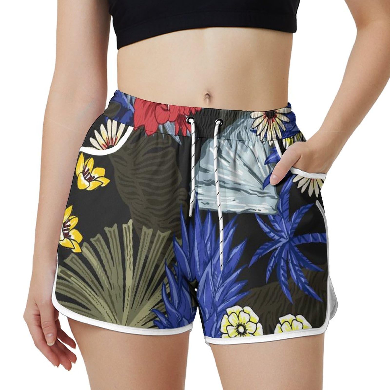 AYUNIX Women's Running Shorts with Pockets Quick Dry Performance Shorts for Women Hawaii Flowers Leaf Athletic Workout Shorts White