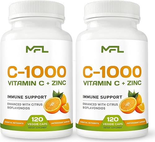 Paquete de 2 MFL Vitamina C + ZINC | C - 1000 | VIT C 1,000 mg | Zinc 25 mg | Bioflavonoides cítricos 25 mg | Sin OMG y sin gluten