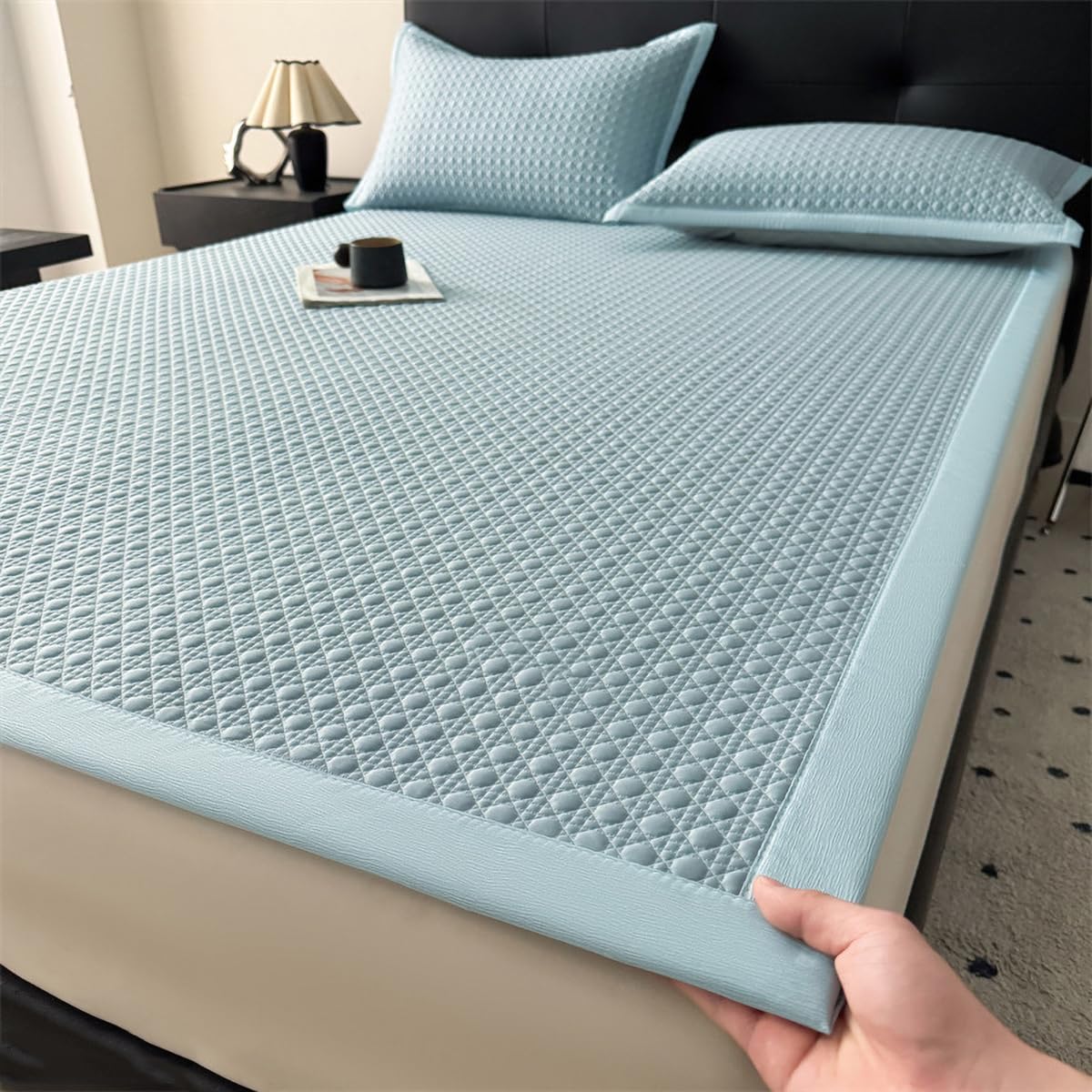 Protège-matelas rafraîchissant en soie glacée premium texture haricot kaki