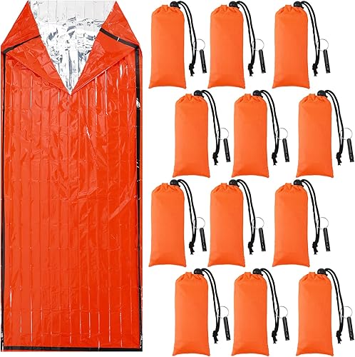 Qunclay Juego de 12 bolsas de dormir de emergencia de supervivencia Bivvy Saco con silbatos, ligero, portátil, bolsa de supervivencia térmica,