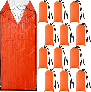 Qunclay 12 Set Emergency Sleeping Bag Survival Bivvy Sack Blanket with Whistles Lightweight Portable Thermal Survival Bag Thick Tent with Hood Extension Nylon Stuff Sack