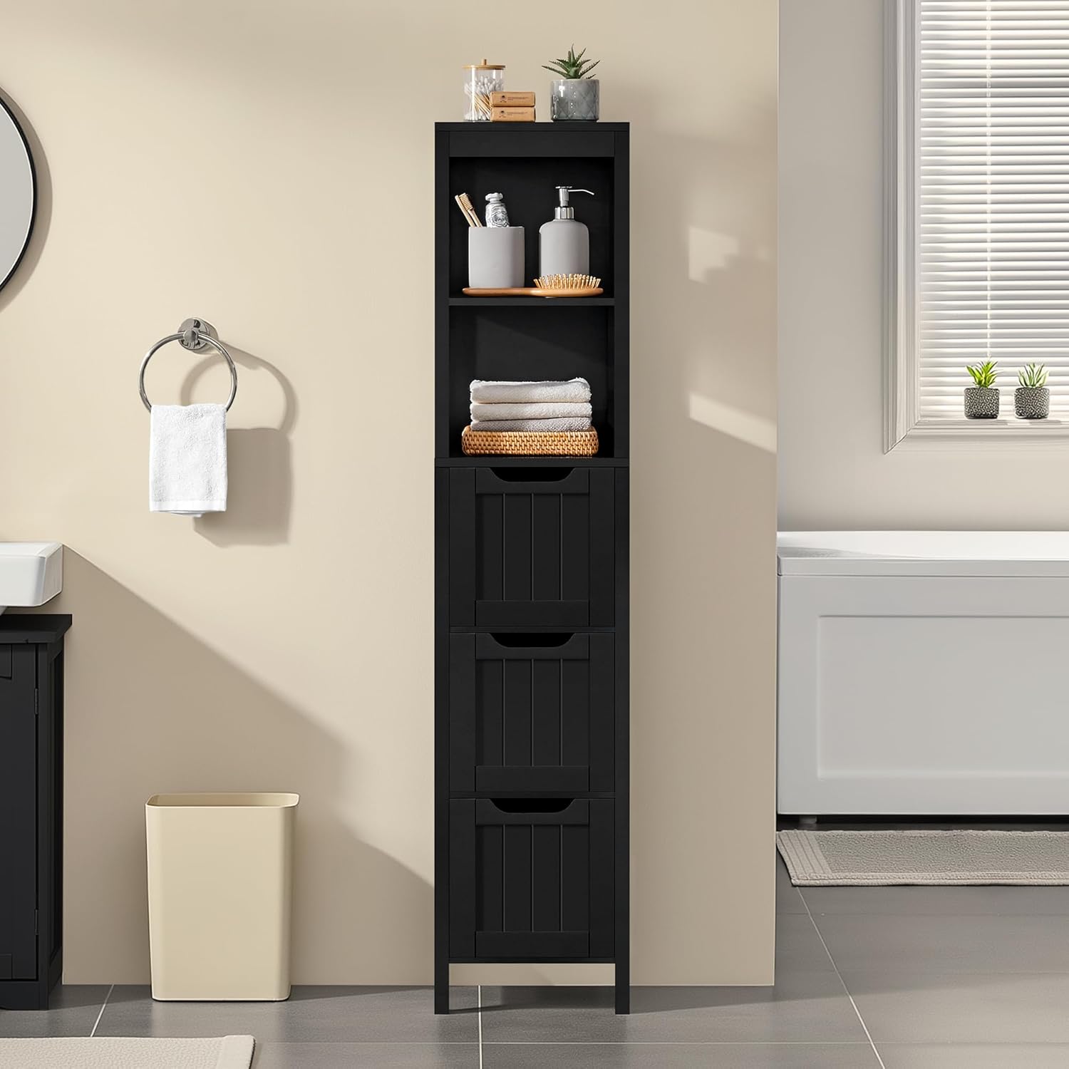 Yaheetech 56”H Bathroom Storage Cabinet, Narrow Freestanding Floor Cabinet with 3 Drawers & 2 Shelves, Tall Slim Bathroom Organization for Living Room/Hallway/Small Space,Black