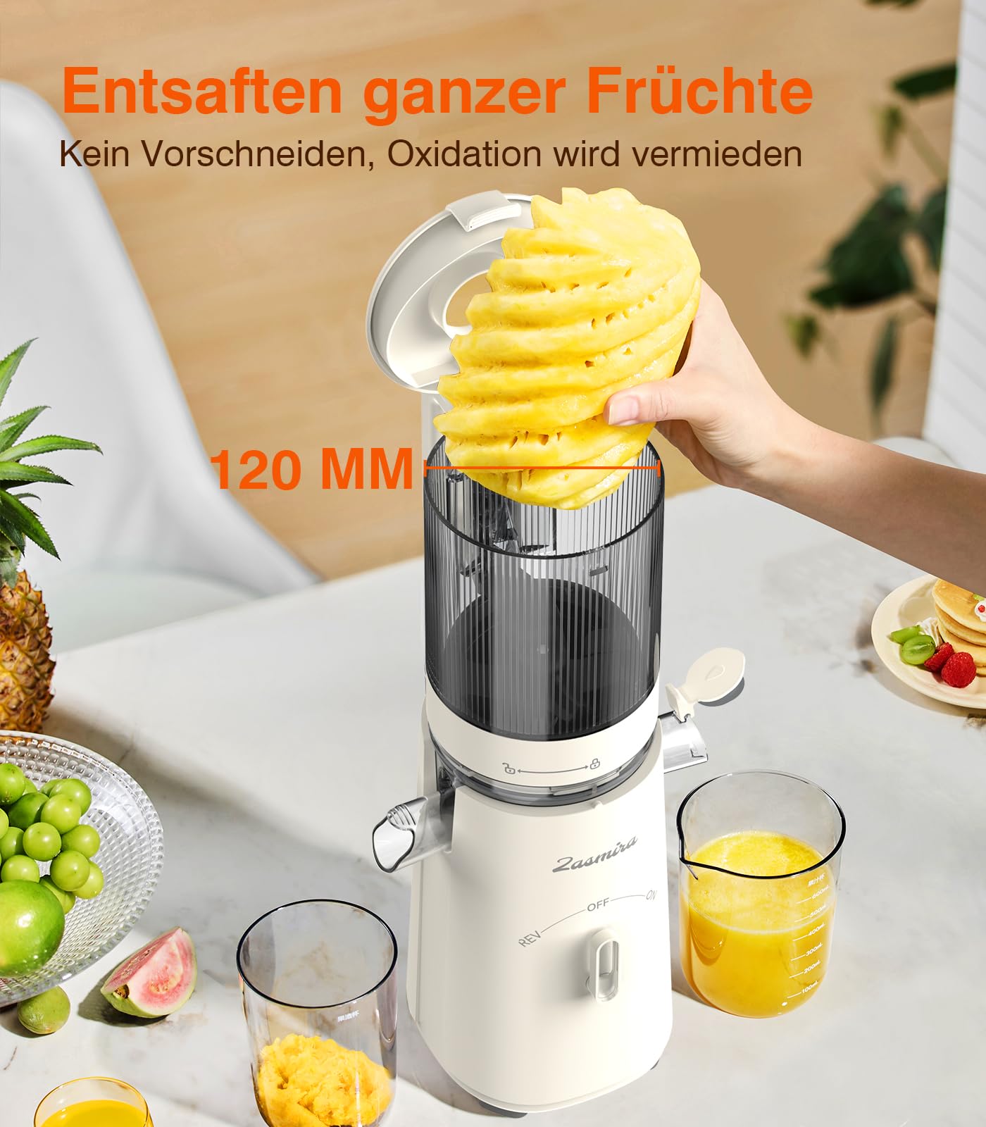 Zasmira Slow Juicer 120MM-Einfüllschacht 99,6% Saftreinheit 1,5L REV-Modus
