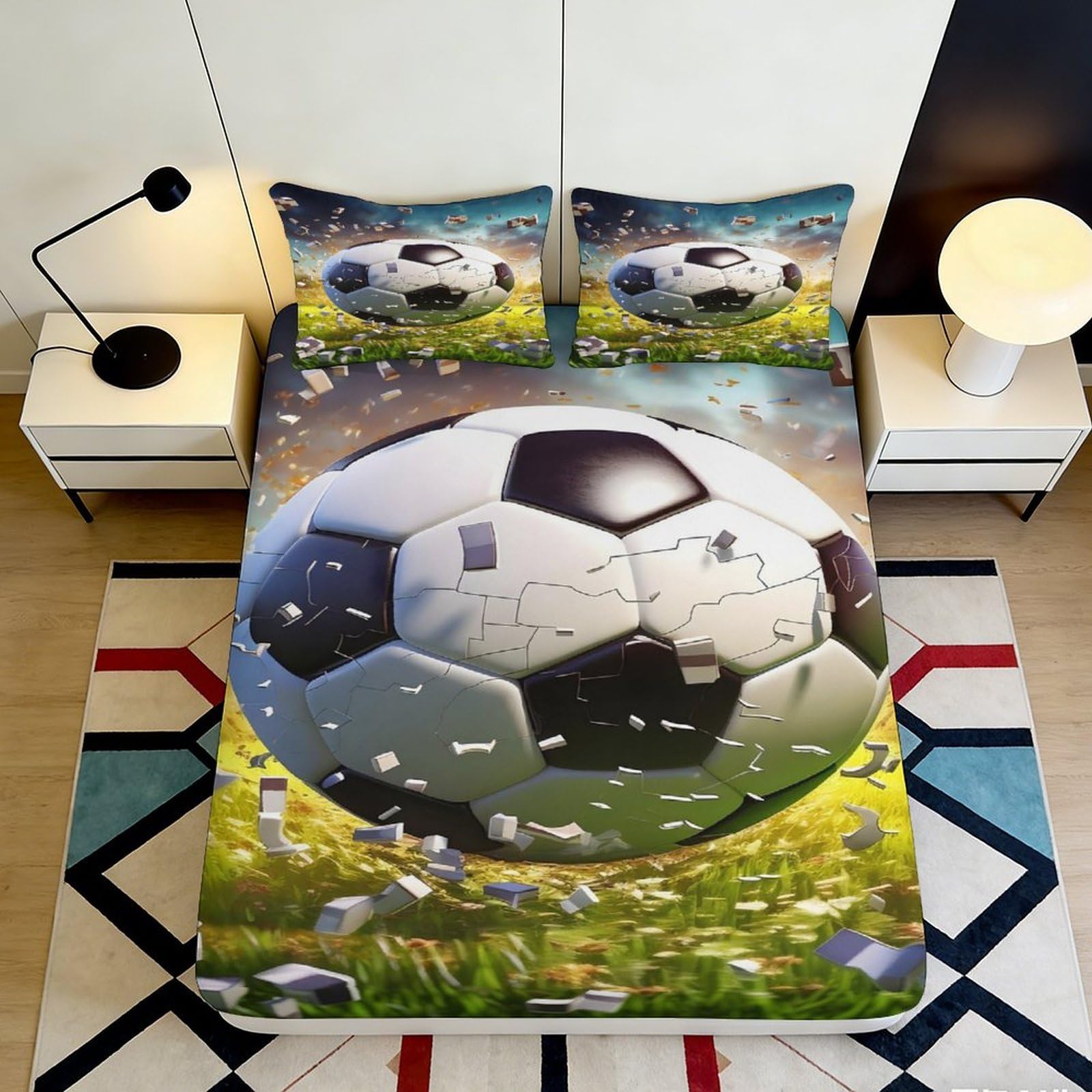 3D Printed Soccer Explosion Fitted Sheet Microfiber Soft Anti-slip Football Field Mattress Cover Bedroom Decor 90x200x25cm