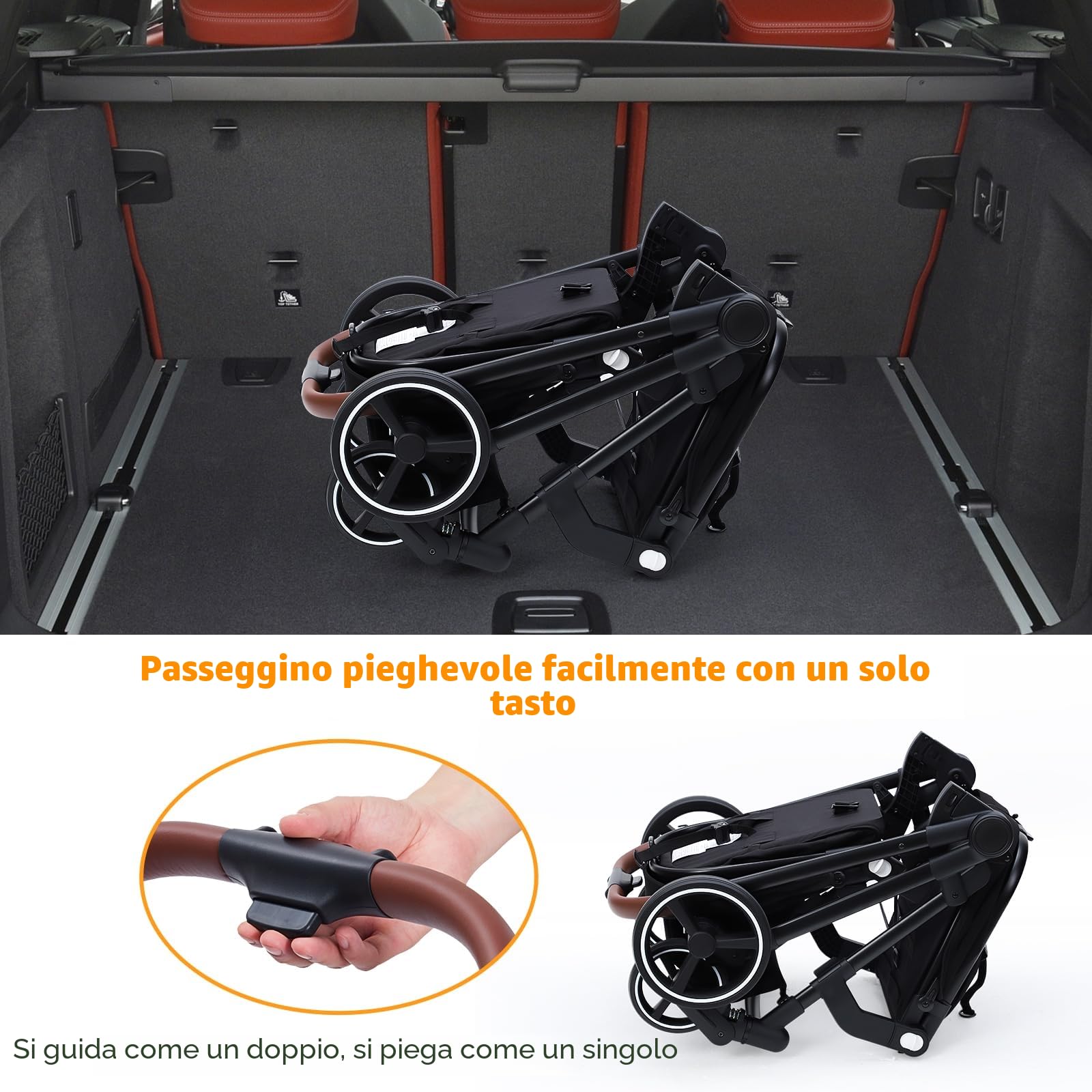 Passeggino Gemellare Doppio Leggero Carrozzina Pieghevole da Viaggio, Passeggino Tandem Compatto Con Sedili Reversibili, Navicella Bambino Carico Max 30 kg Dalla Nascita a 36 Mesi
